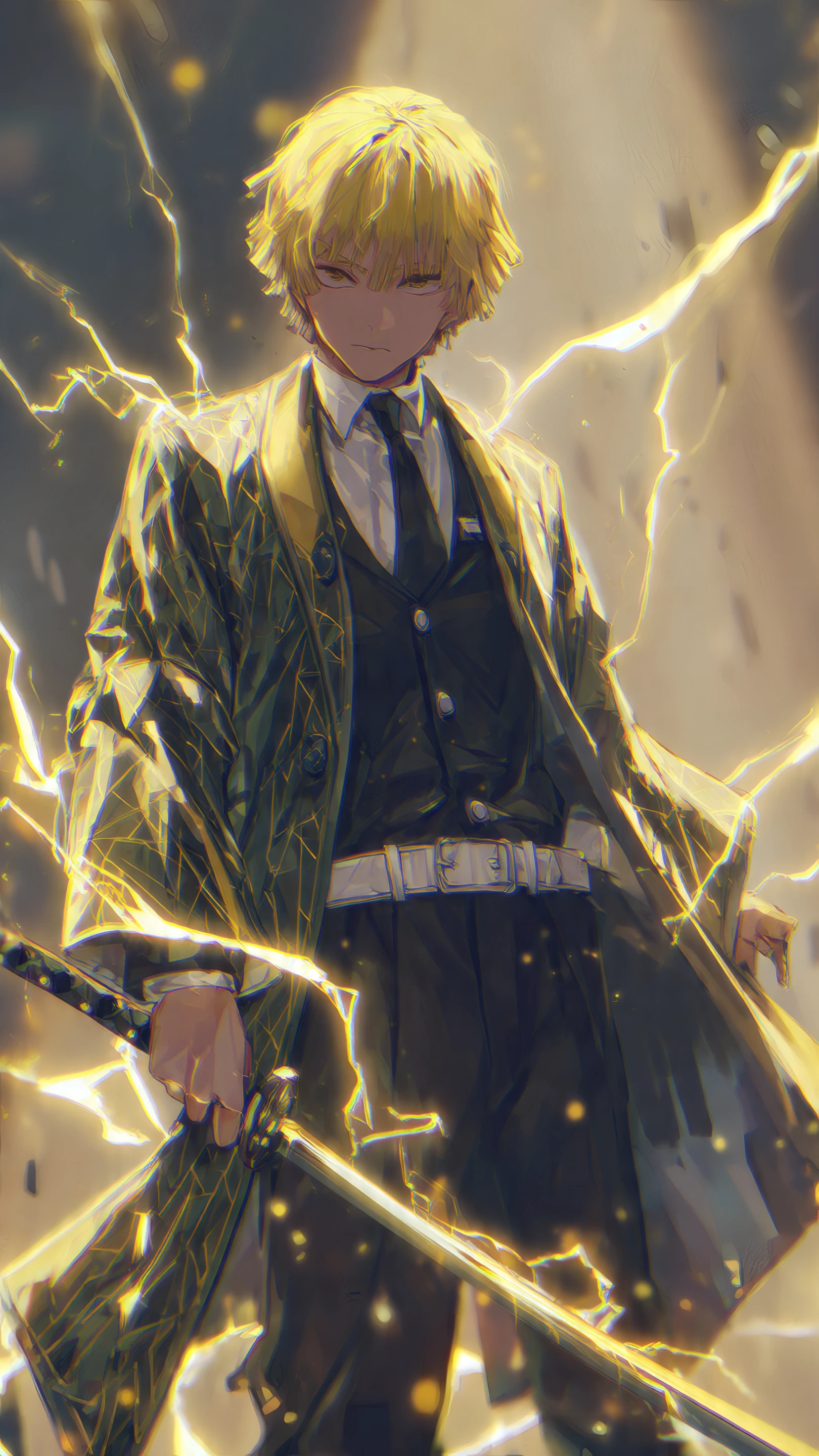 Anime Character Surrounded by Golden Lightning Strikes