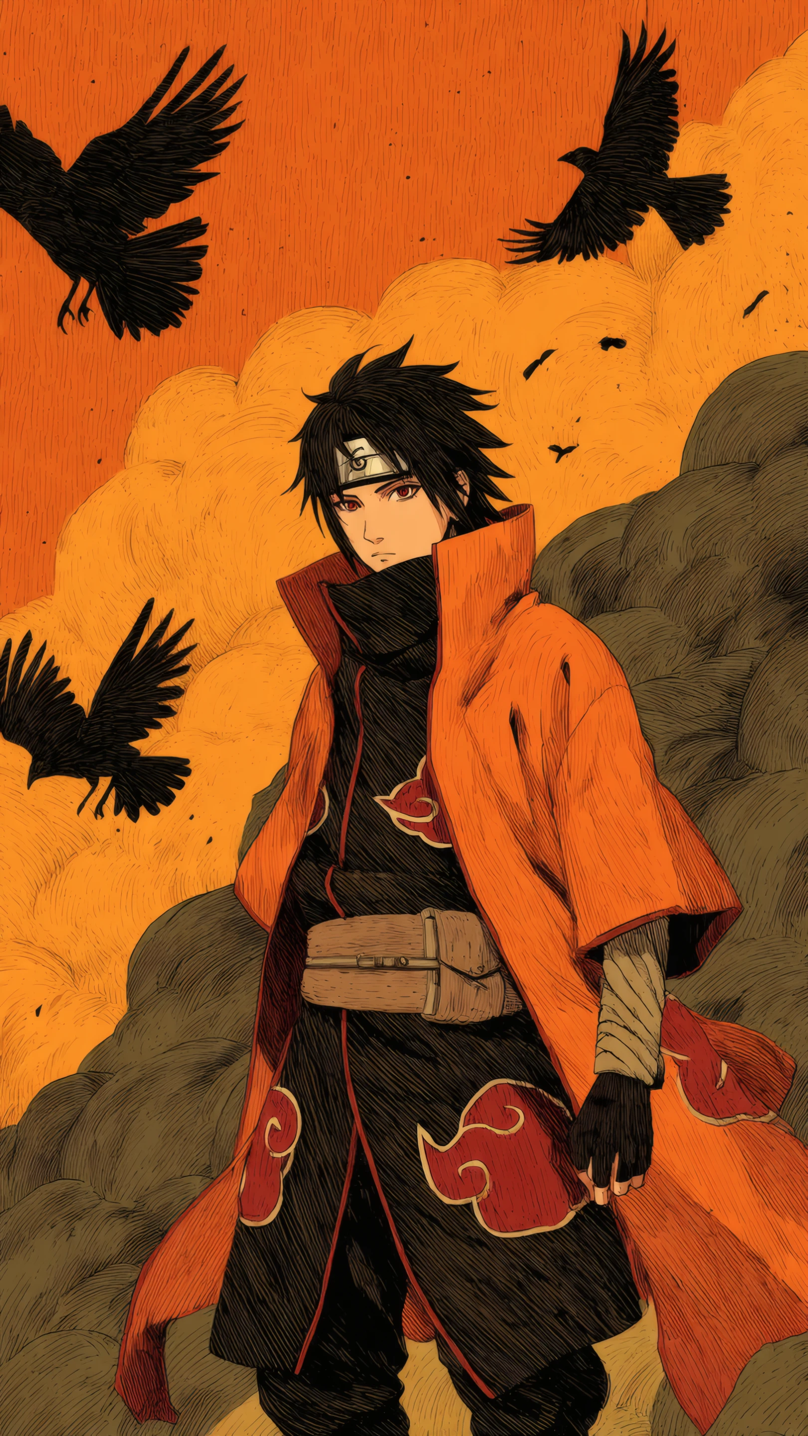 Anime Character with Crows in Orange Hues