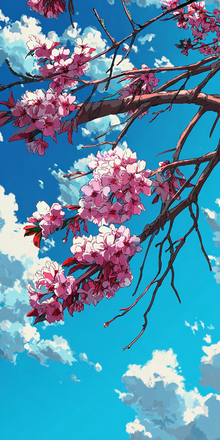 Anime Cherry Blossoms Against a Dreamy Blue Sky
