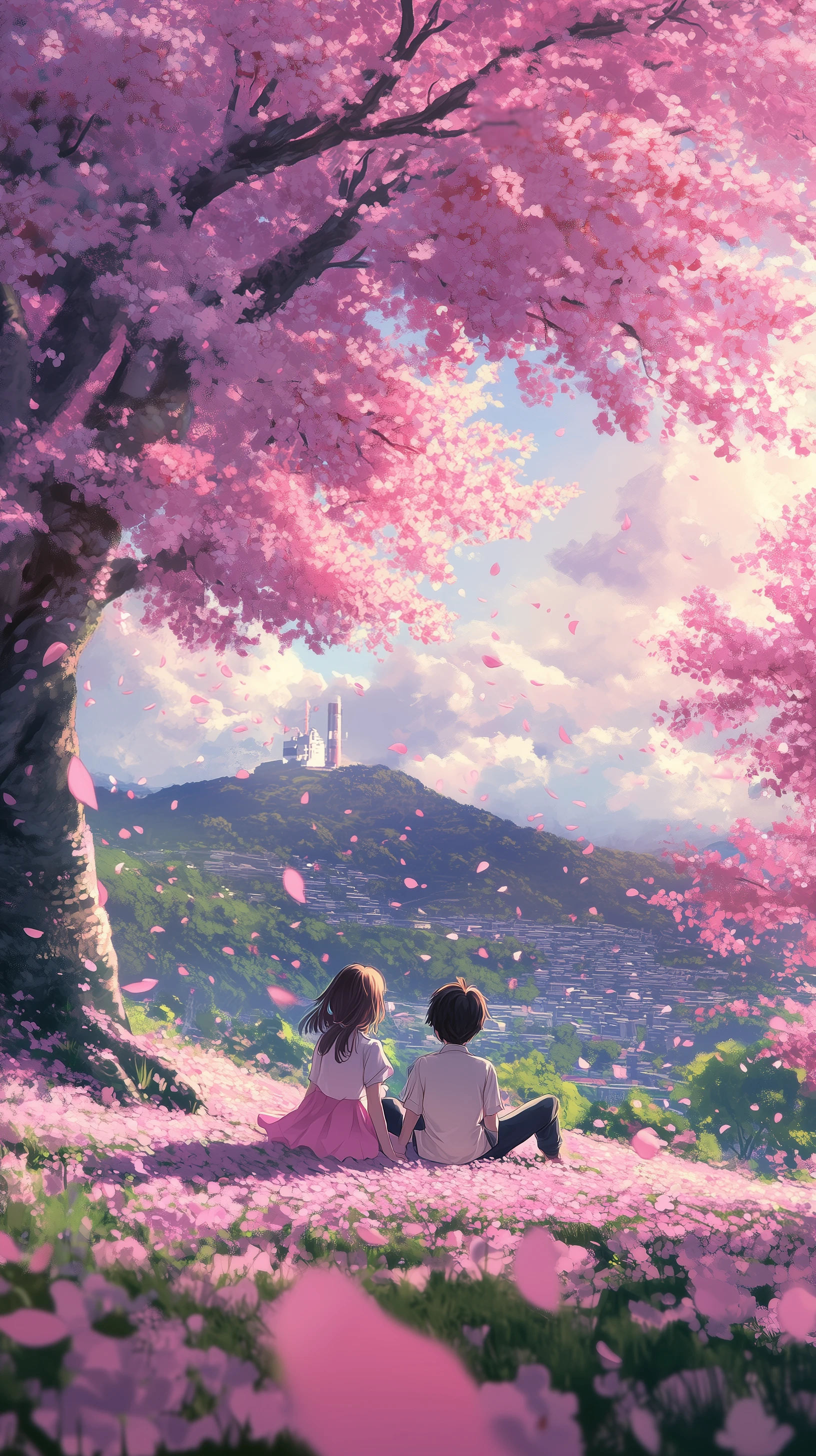 Anime Couple Enjoying Cherry Blossoms in Spring Landscape