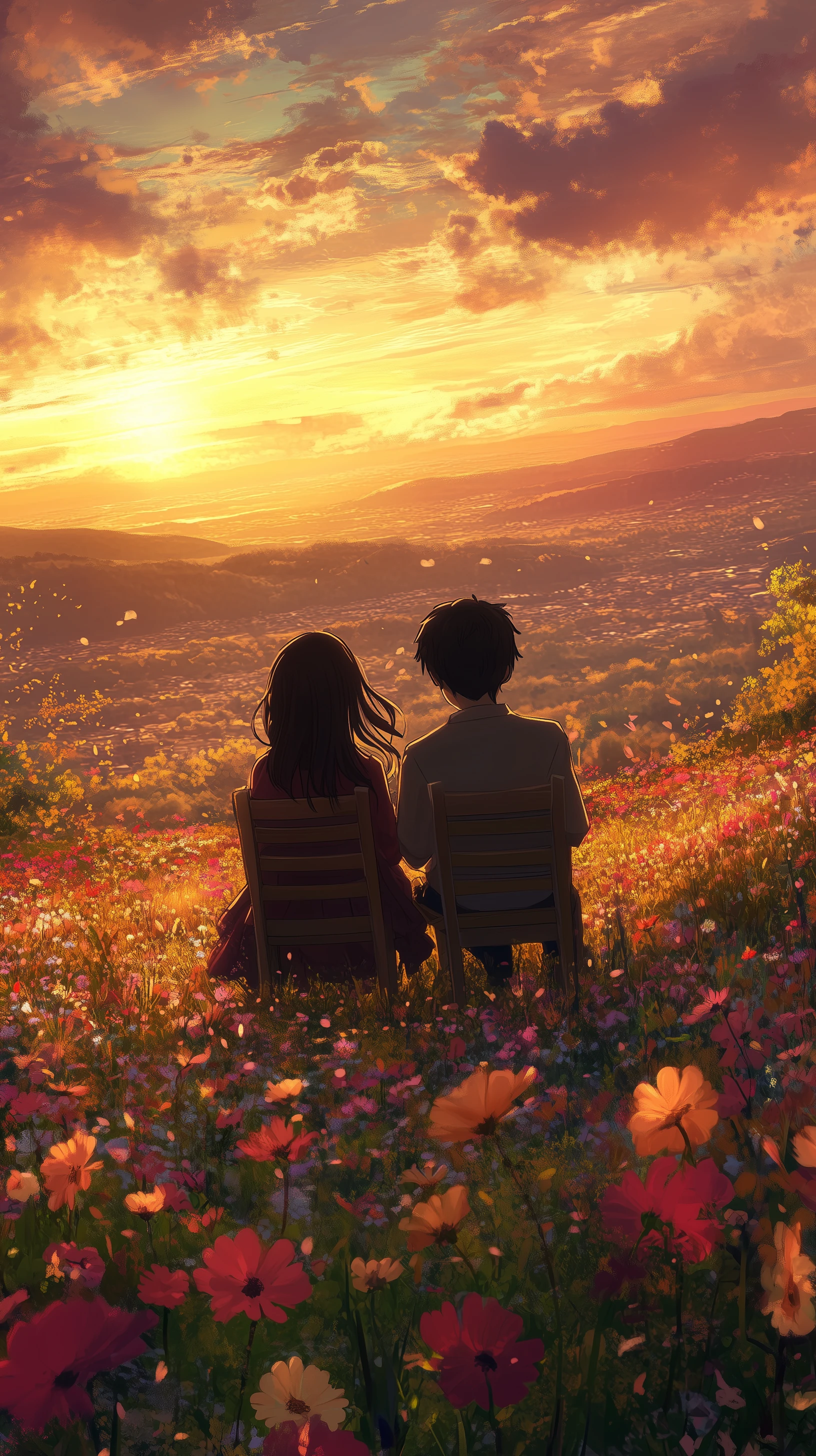Anime Couple Enjoying Sunset in Flower Field