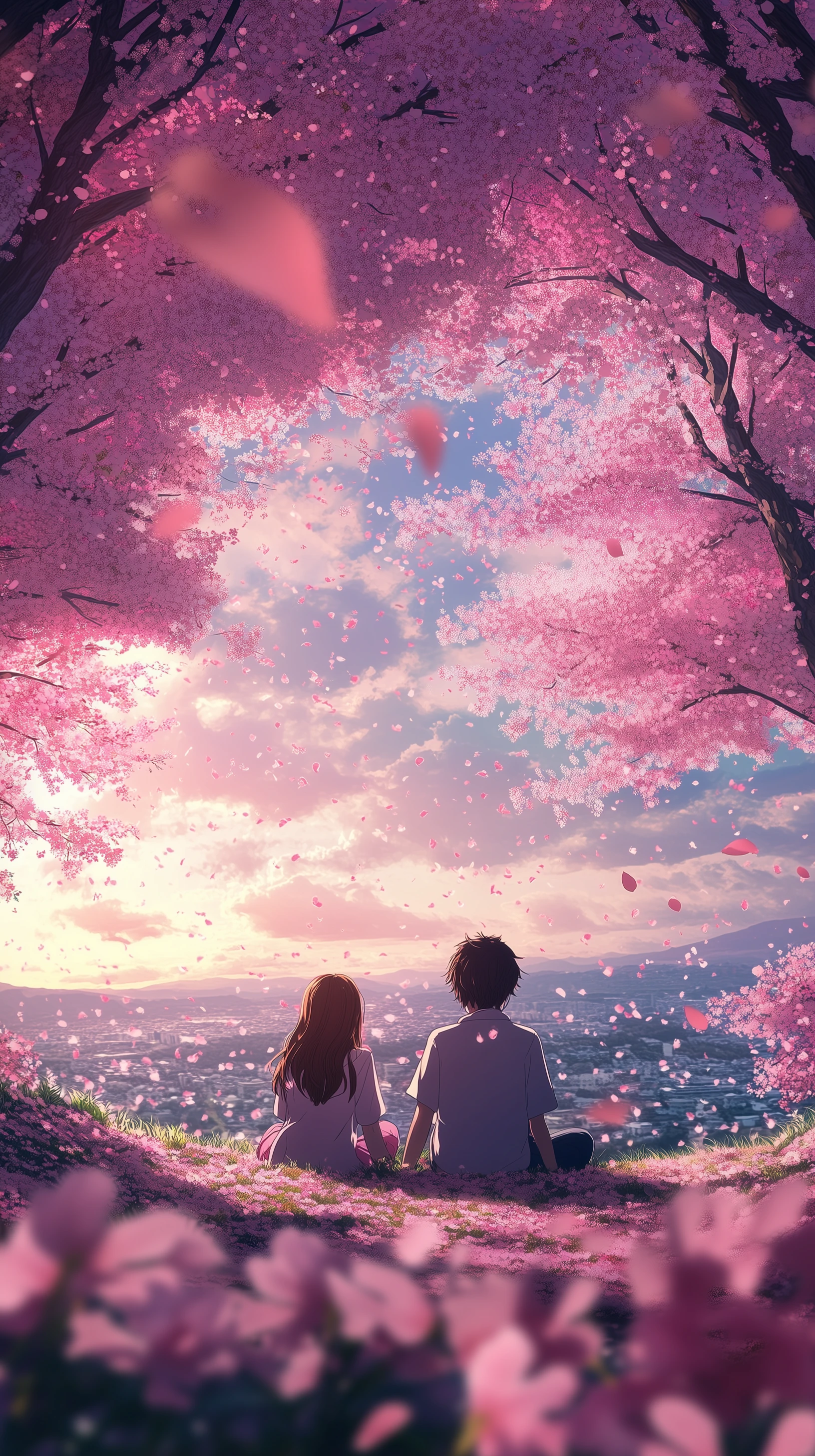 Anime Couple Gazing at City Under Cherry Blossom Tree