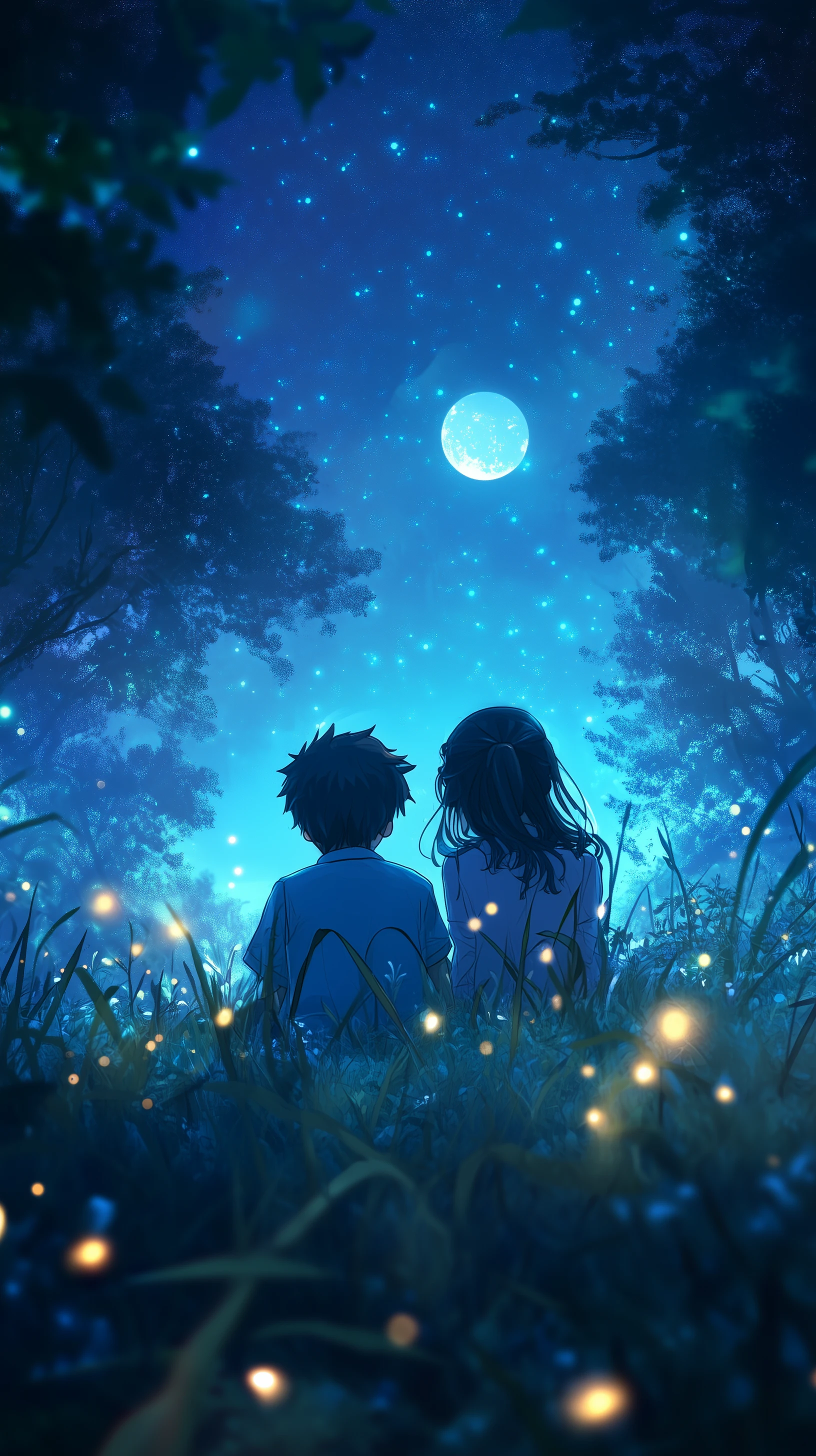 Anime Couple Gazing at Moonlit Night Sky