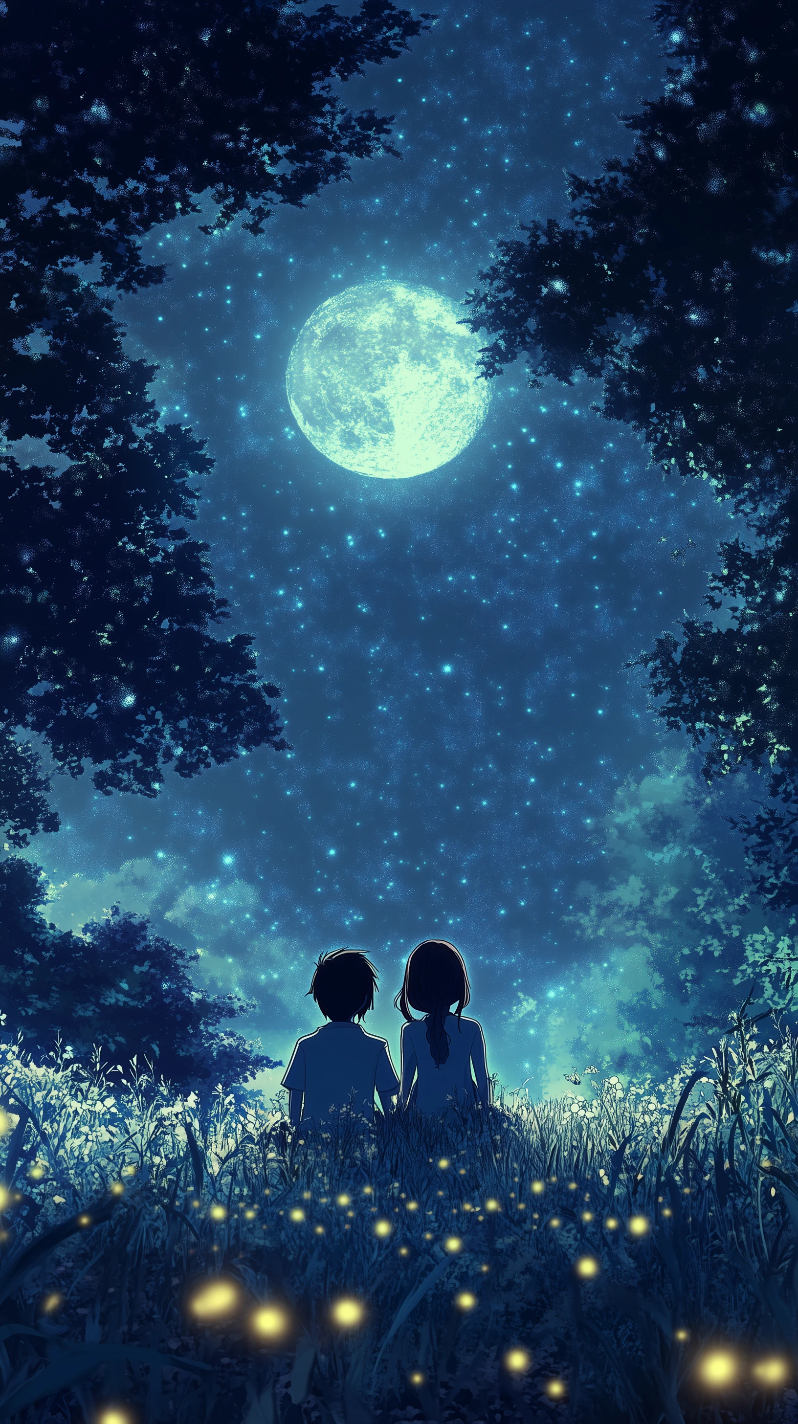 Anime Couple Gazing at the Moon and Fireflies