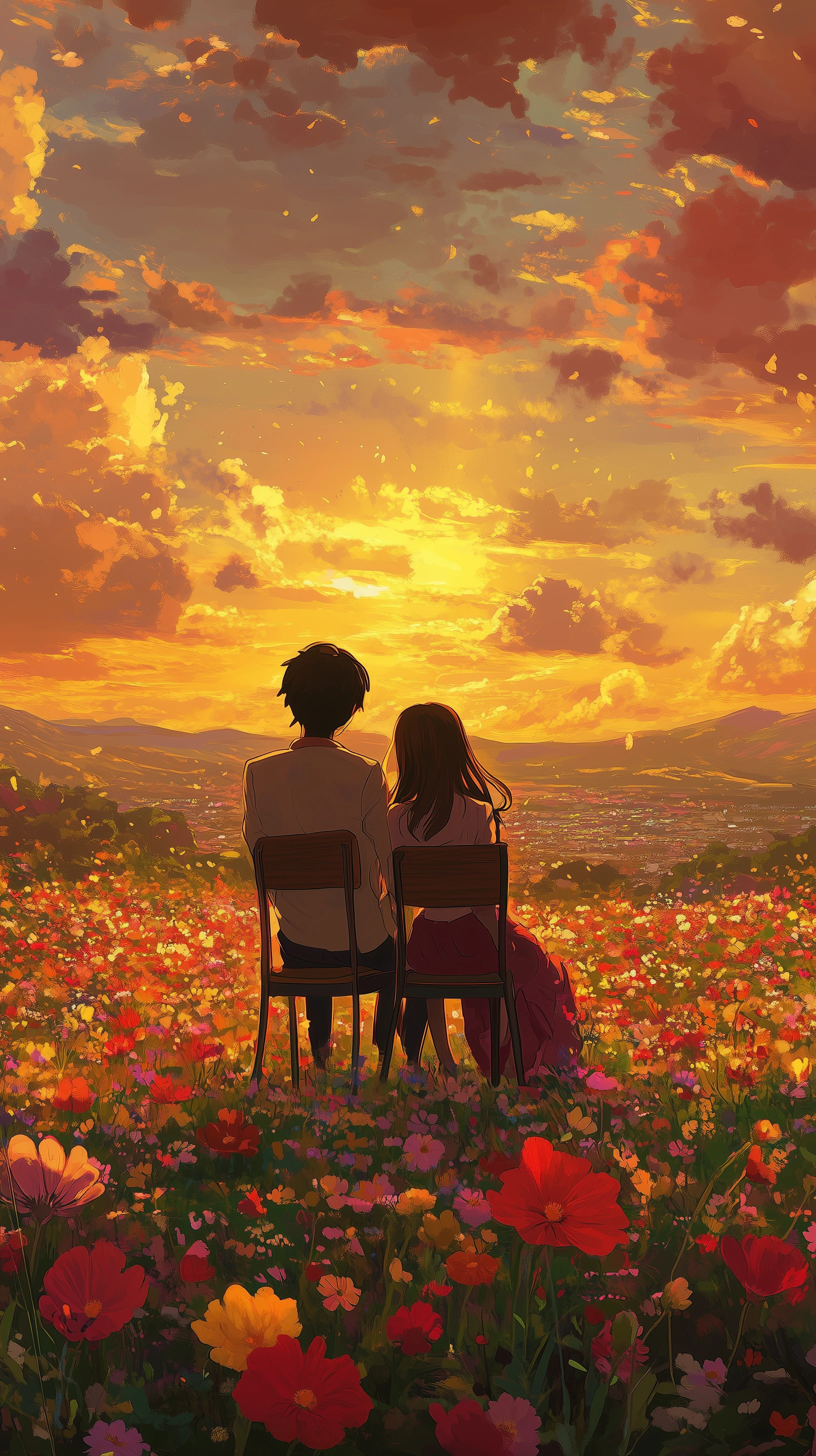 Anime Couple in Flower Field at Sunset