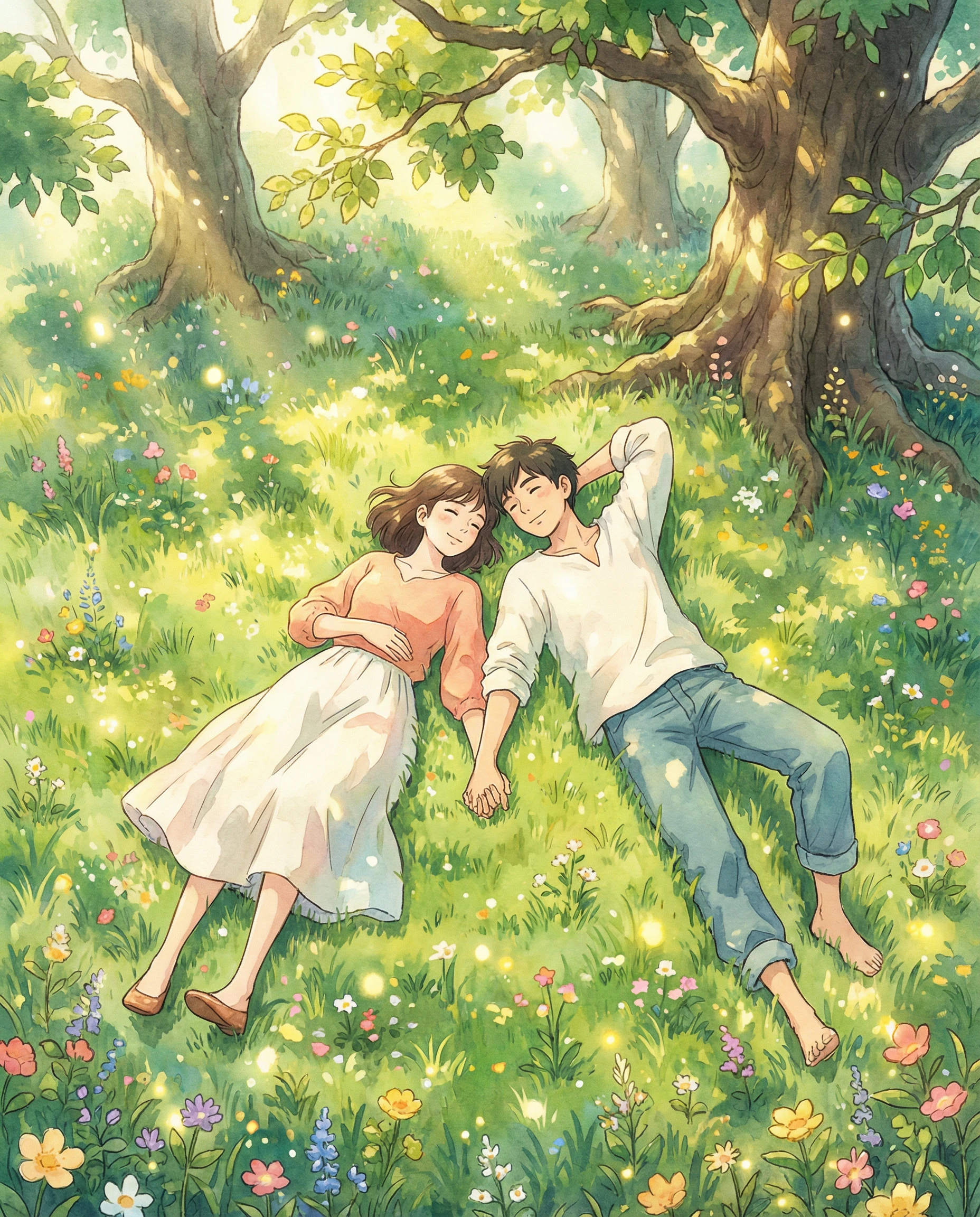Anime Couple Relaxing in a Sunny Flower Meadow