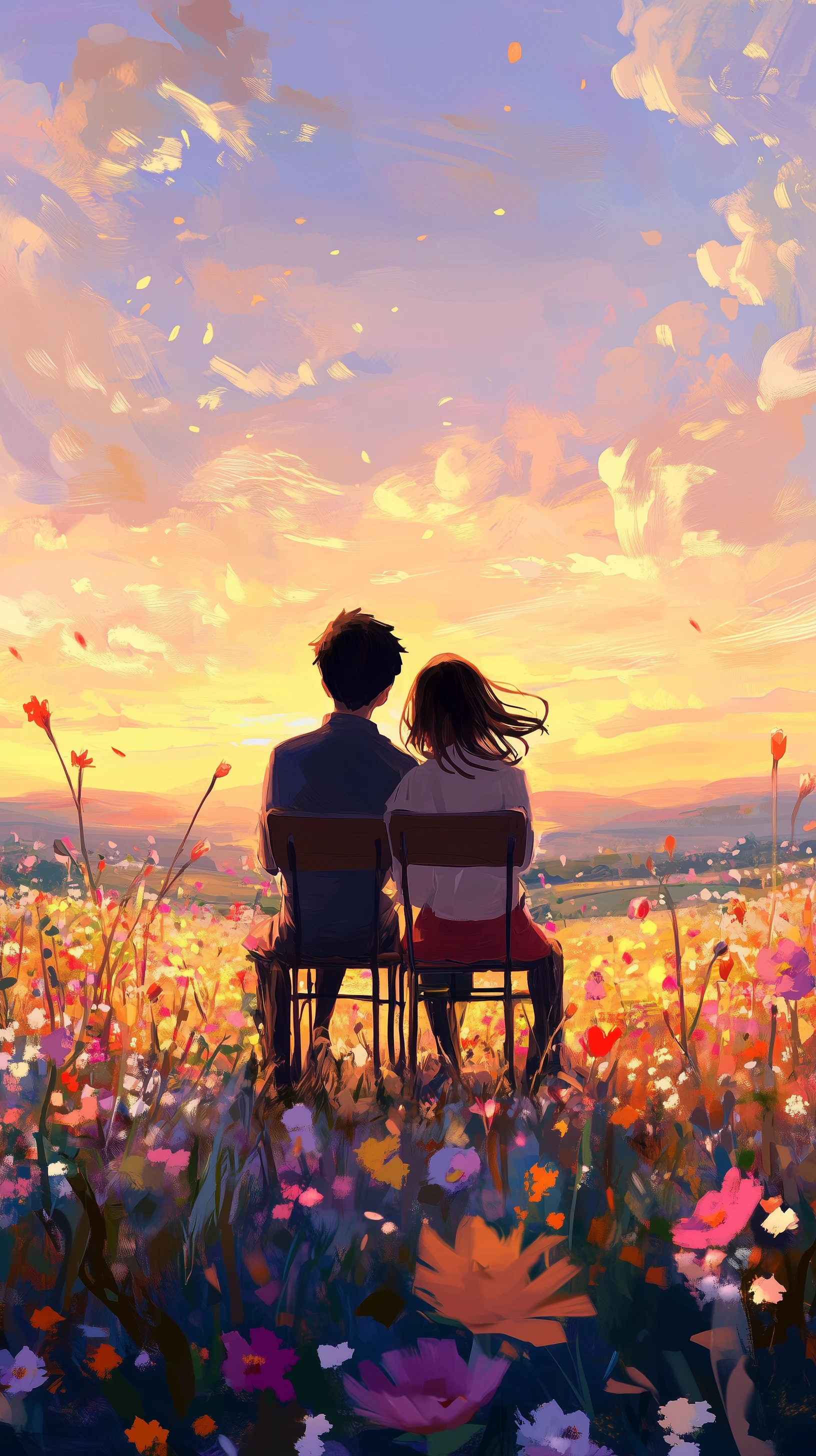 Anime Couple Sitting in Flower Field at Sunset