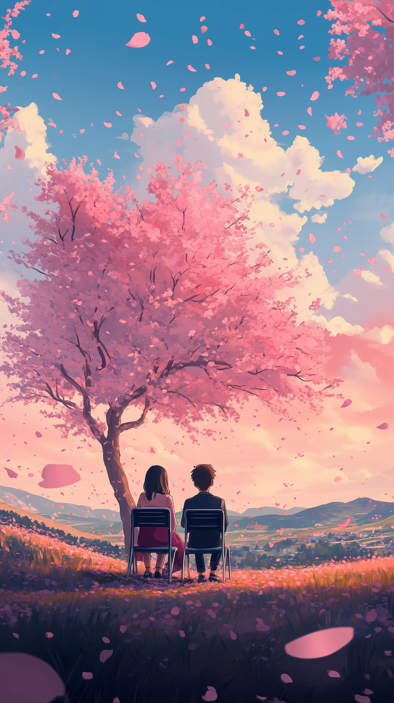 Anime Couple Sitting Under Pink Cherry Blossom Tree