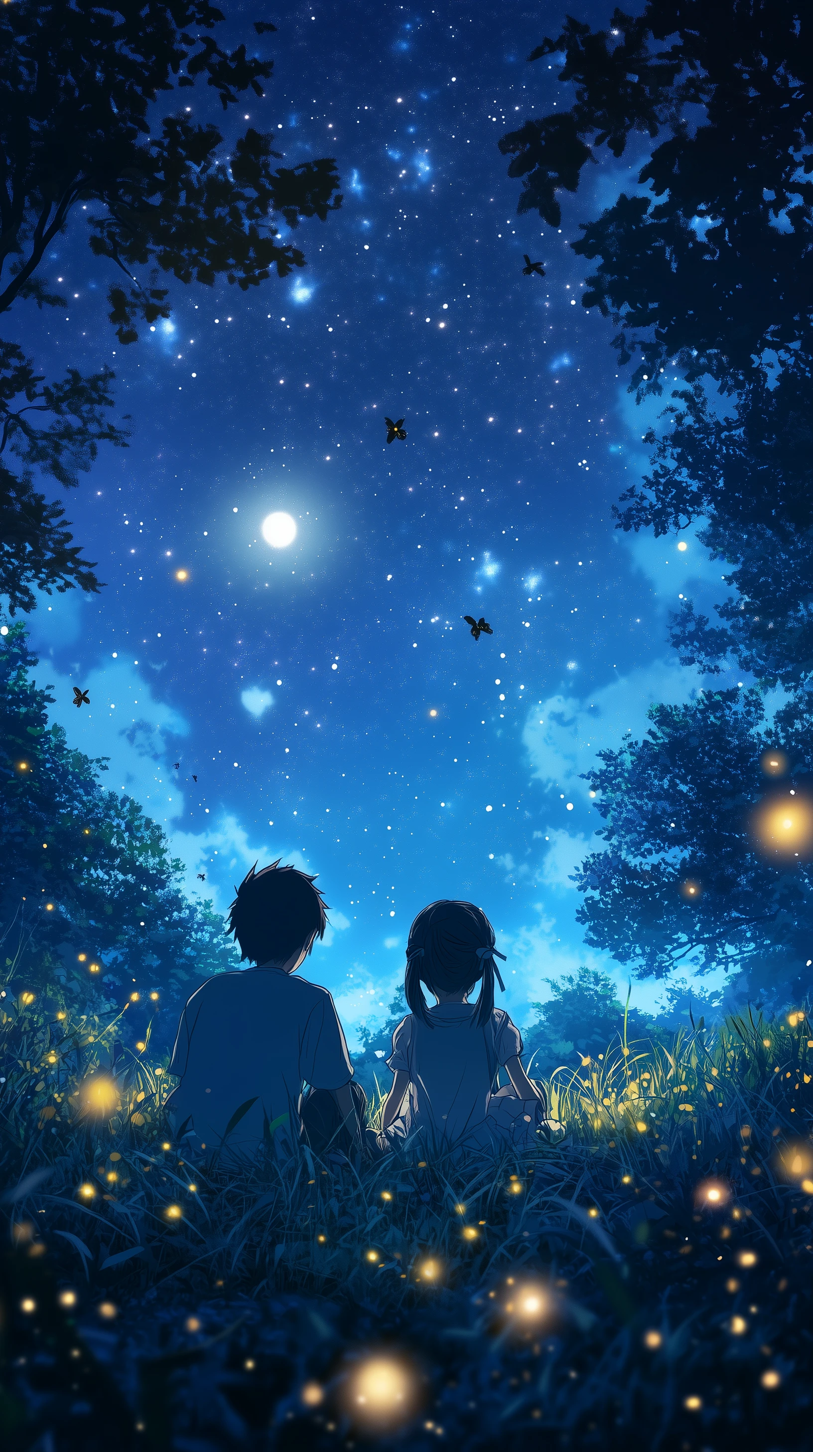 Anime Couple Under Starry Sky with Fireflies Illustration