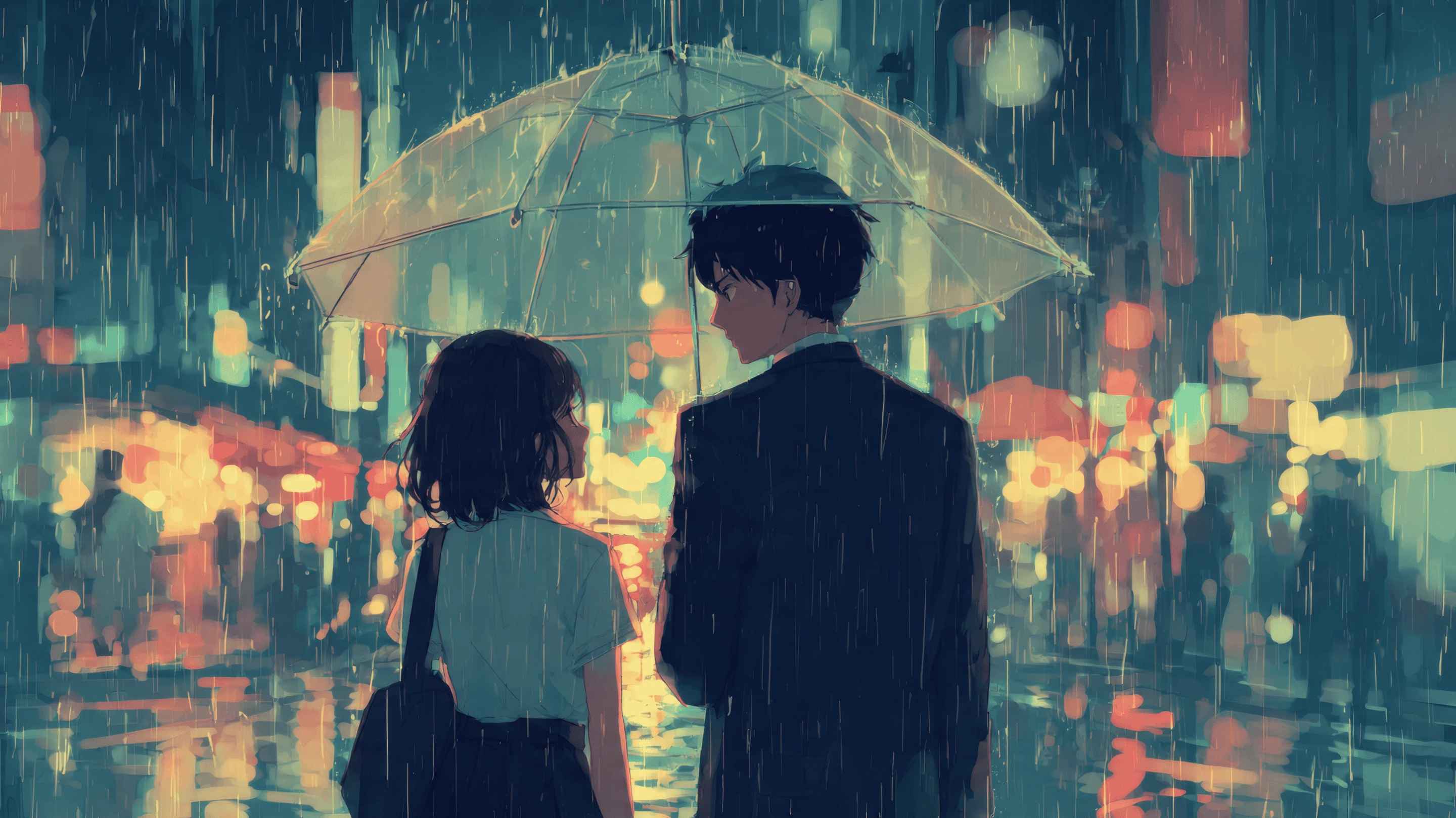 Anime Couple Under Umbrella in Rainy City Street Scene