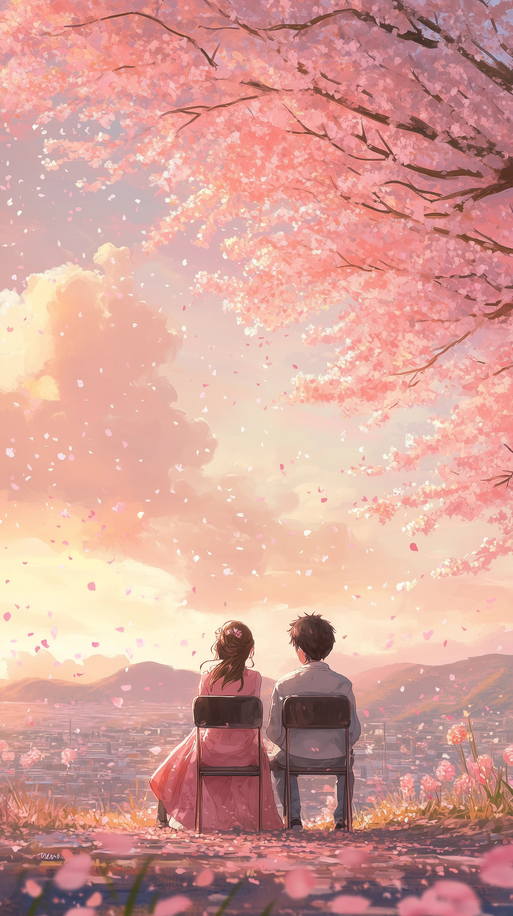 Anime Couple Watching Cherry Blossoms Fall at Sunset