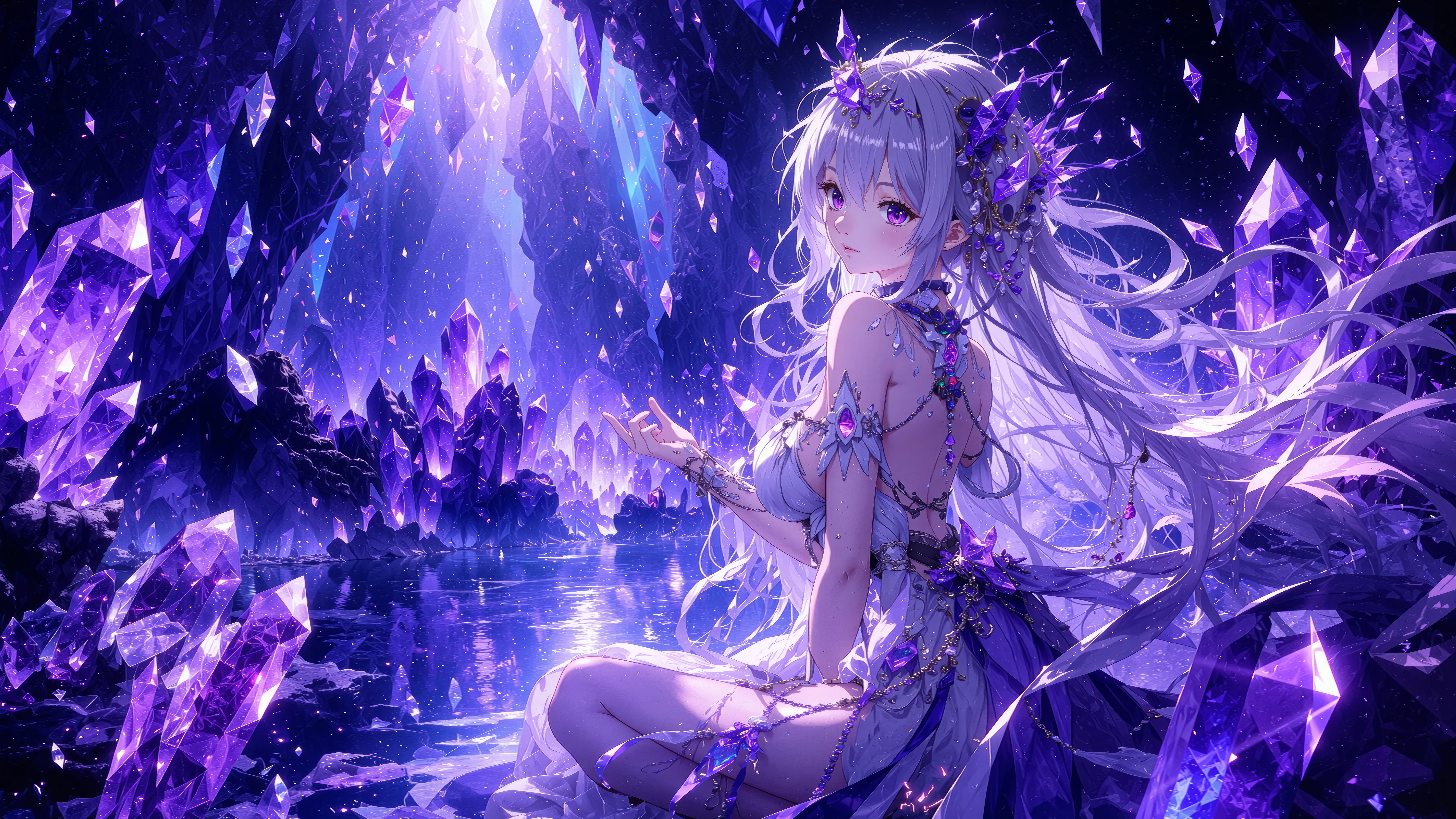 Anime Crystal Princess in Glowing Amethyst Cave Fantasy wallpaper 6688x3764