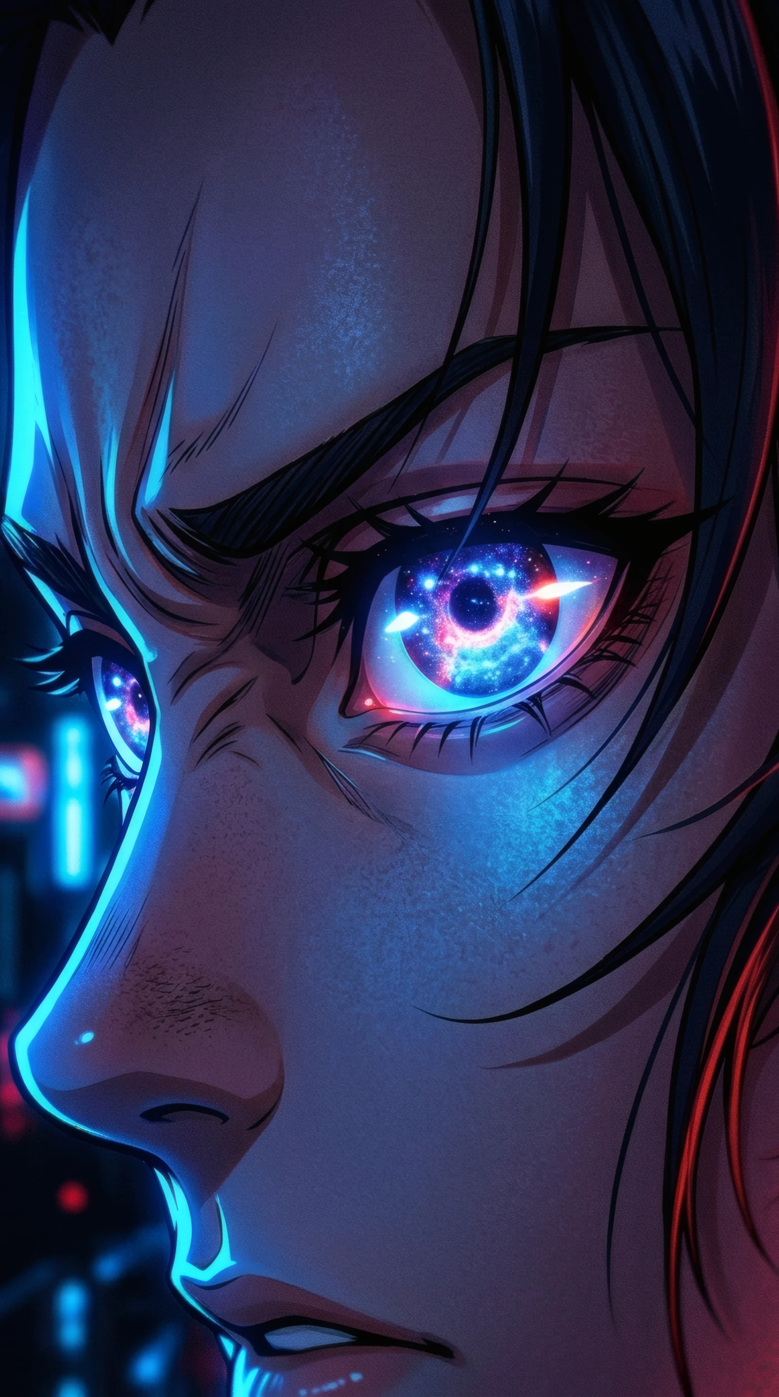 Anime Gaze with Galaxy Eyes in Neon City