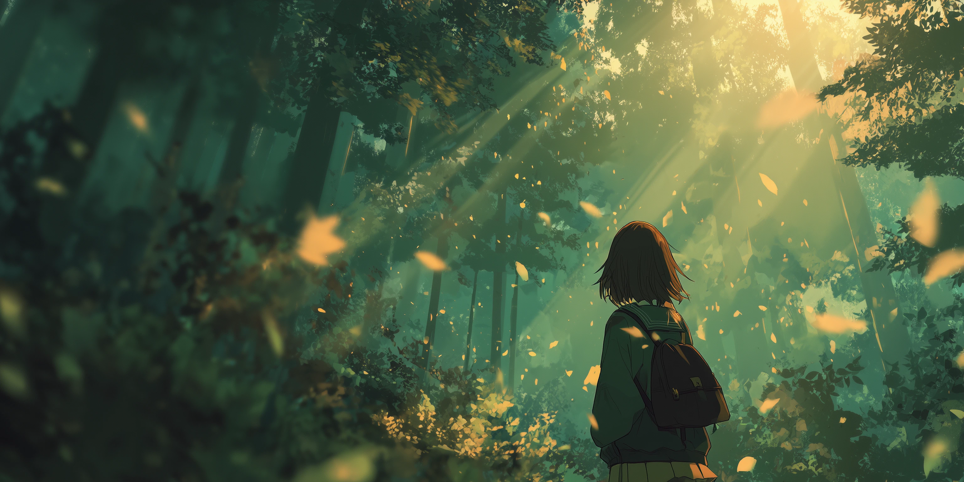 Anime Girl Back View in Forest with Sunlight Rays