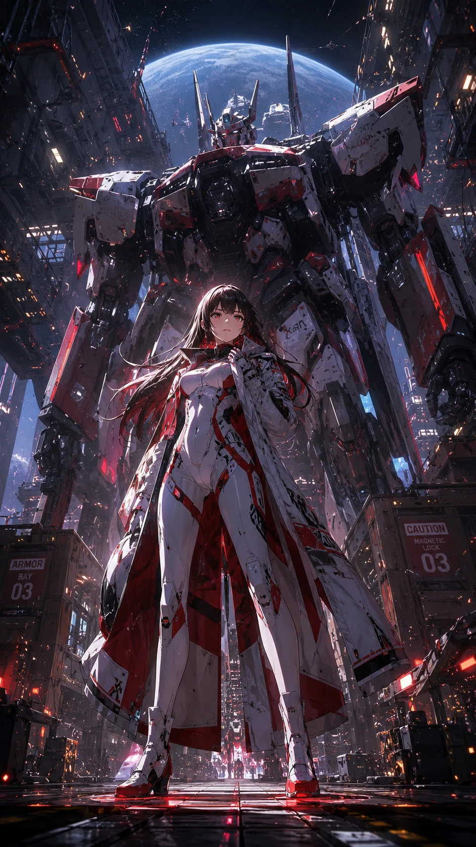 Anime Girl Commanding Colossal Cybernetic Guardian wallpaper 941x1672