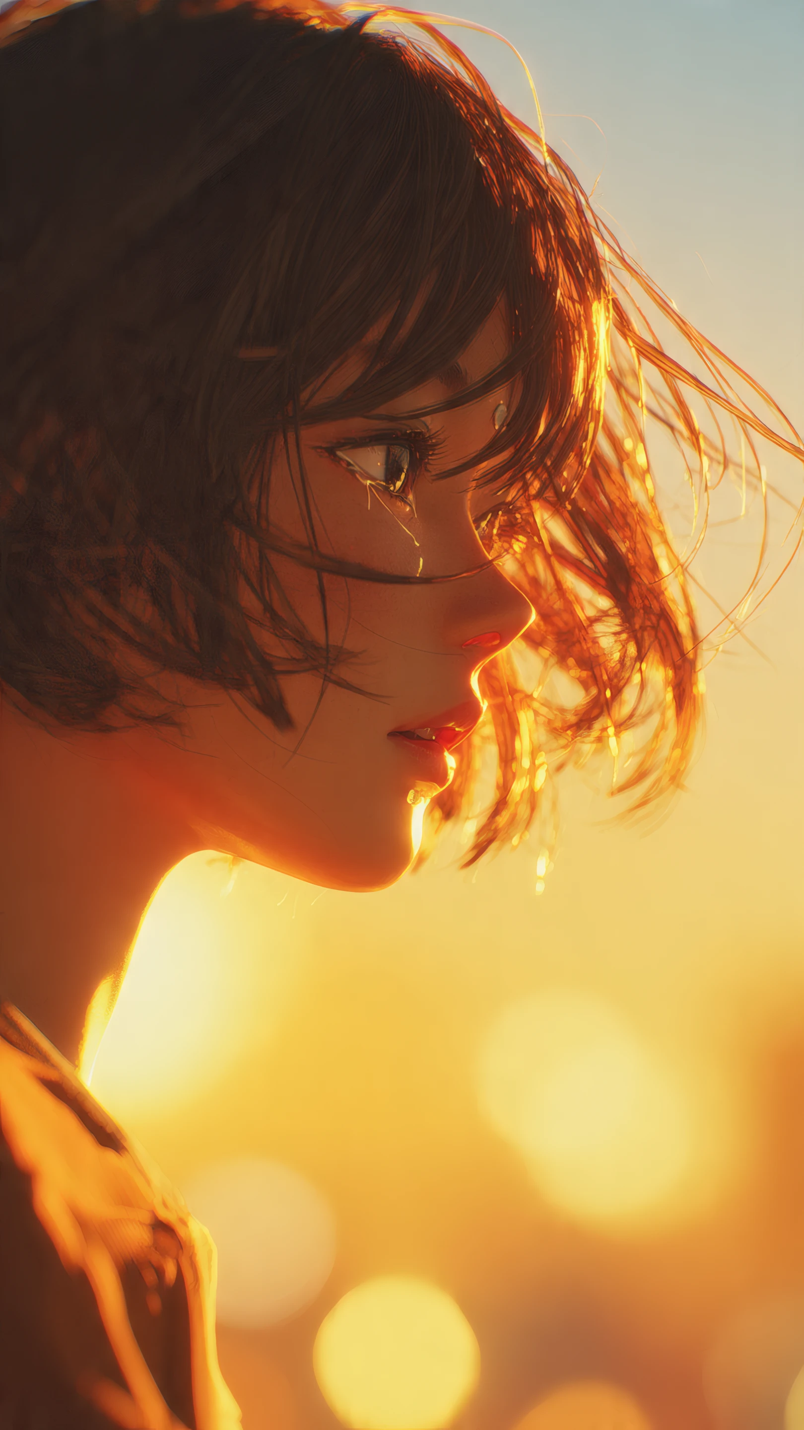 Anime Girl Crying in Golden Sunset Light Illustration