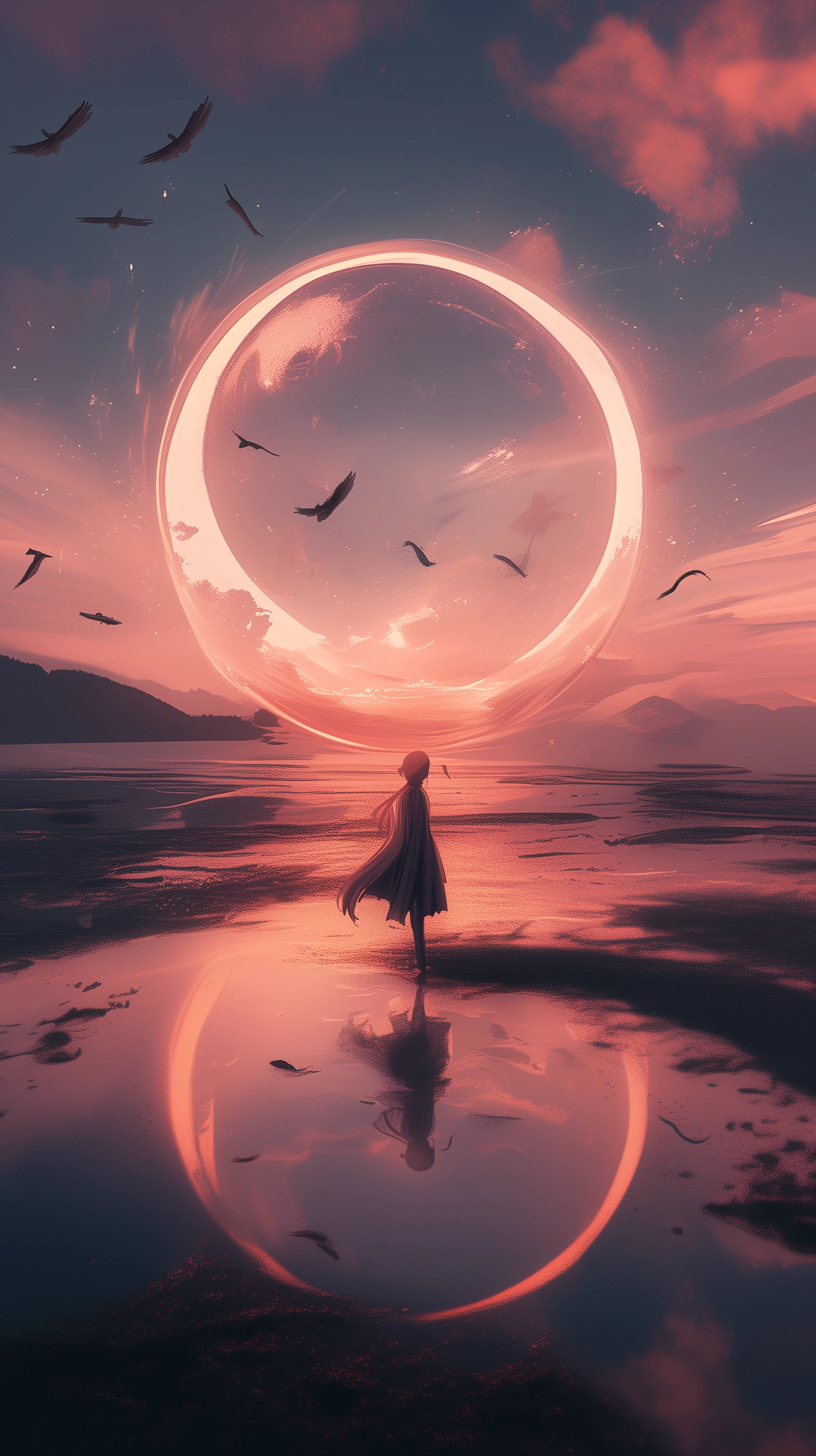 Anime Girl Gazing at a Giant Moon Circle on Water