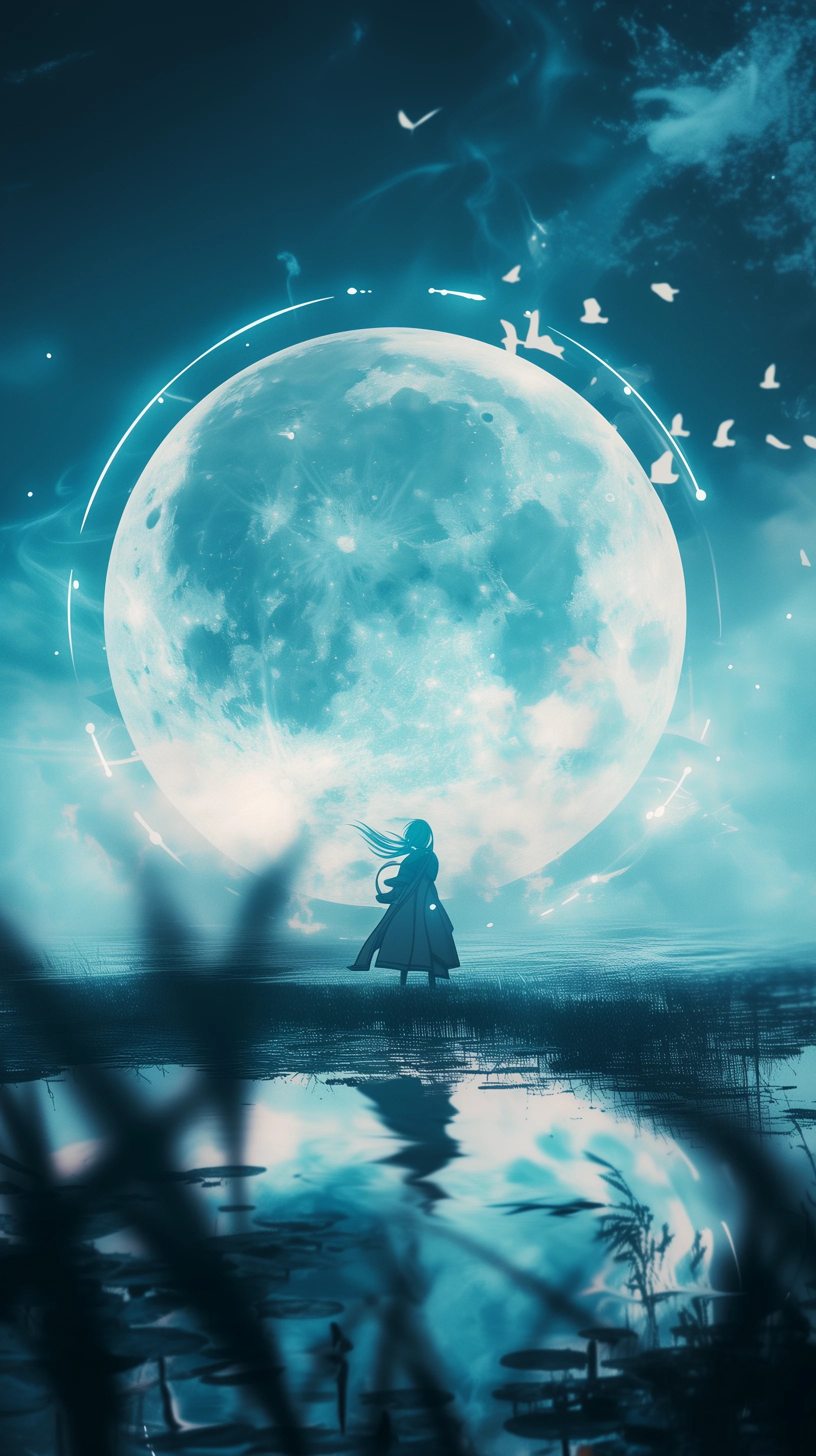 Anime Girl Gazing at a Giant Moon Reflection
