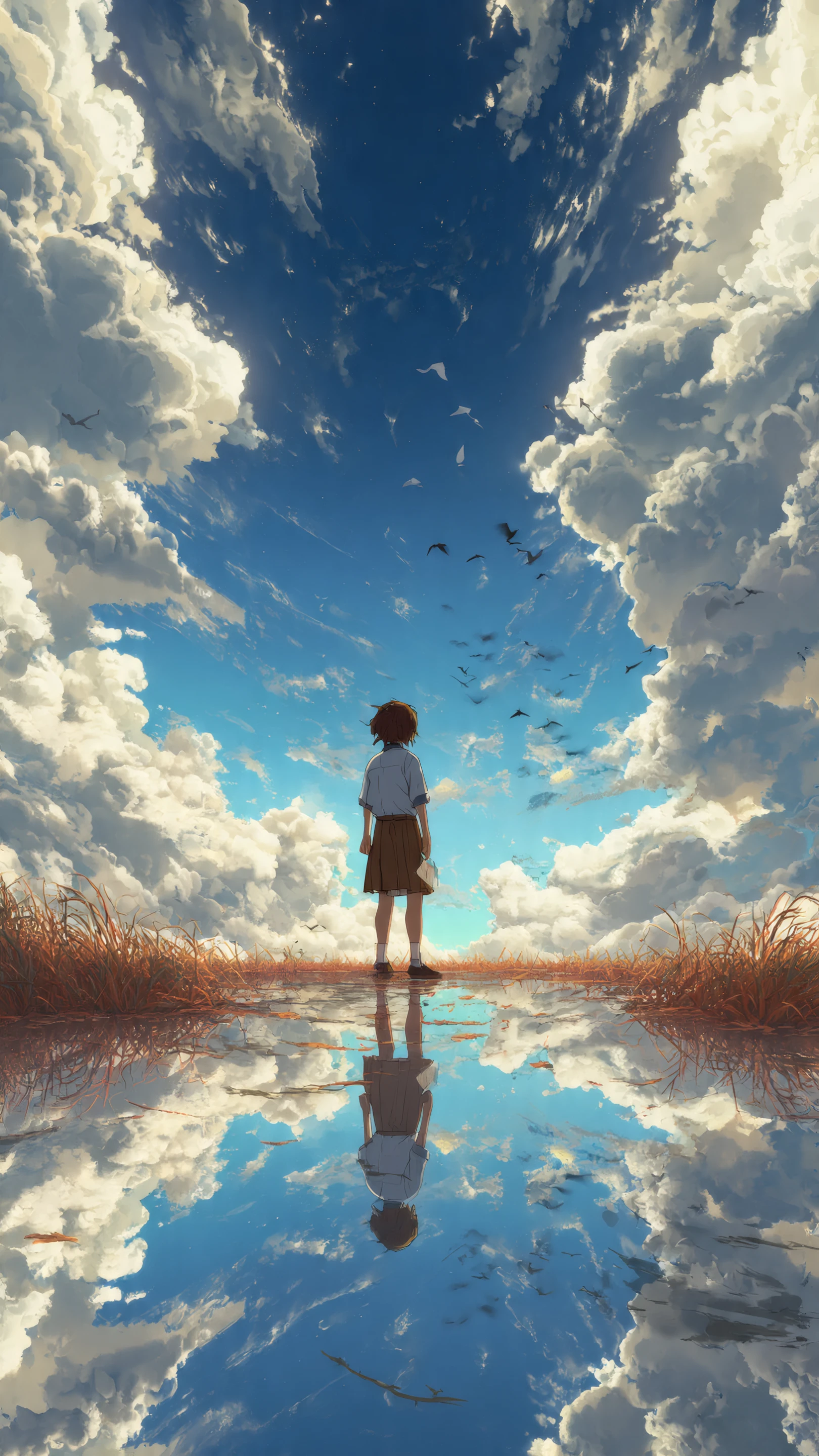 Anime Girl Gazing at Mirrored Sky with Birds