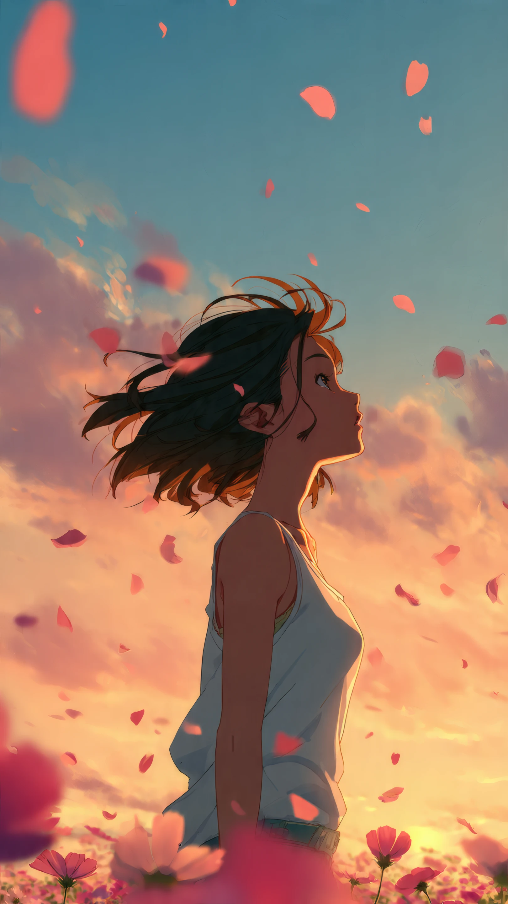 Anime Girl Gazing at Sky with Falling Petals