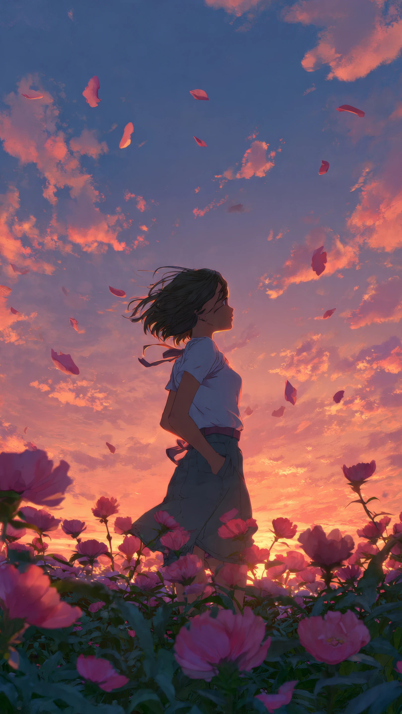 Anime Girl Gazing at Sunset in Flower Field