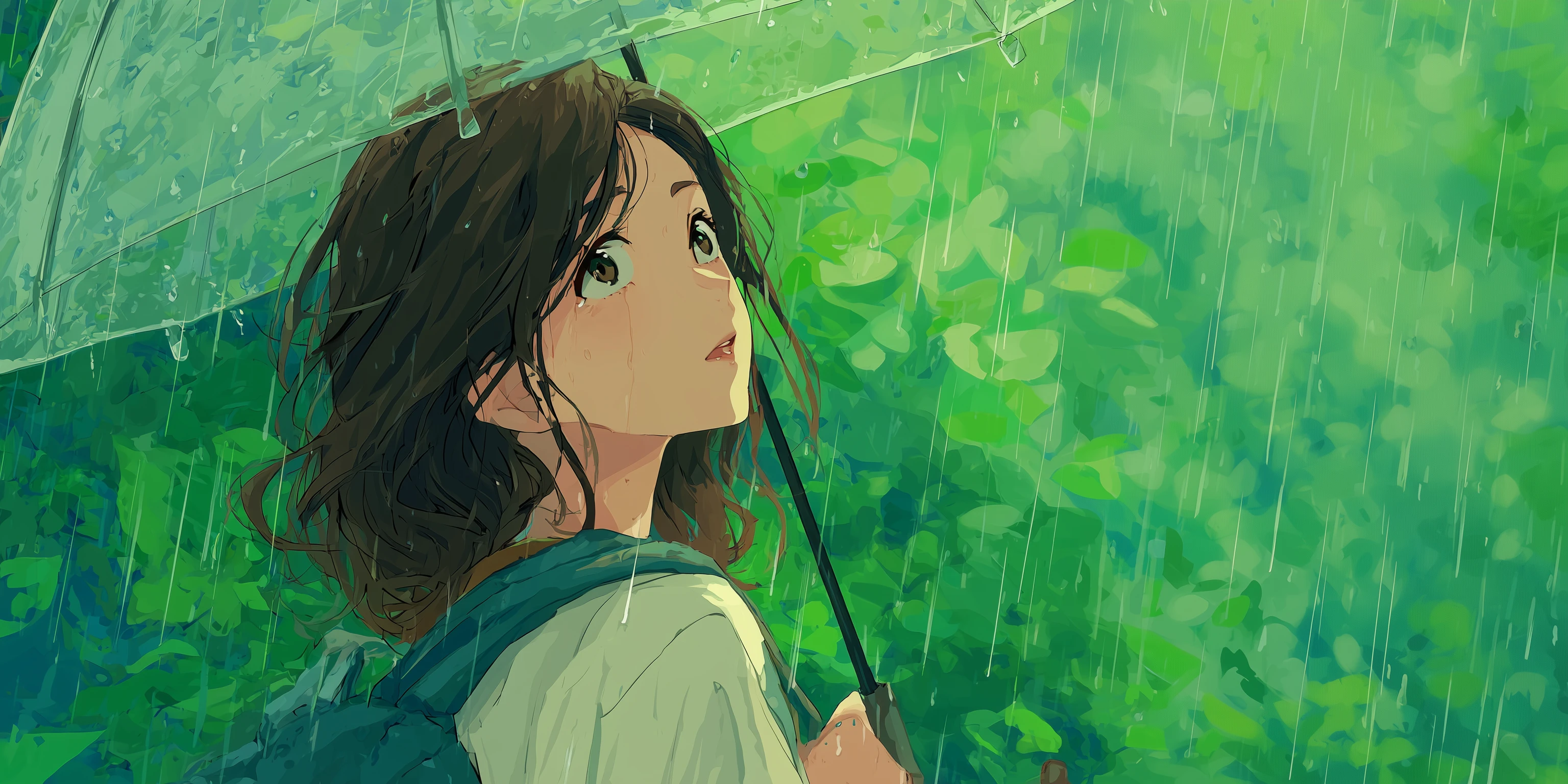 Anime Girl Gazing Upward in the Rain with Umbrella