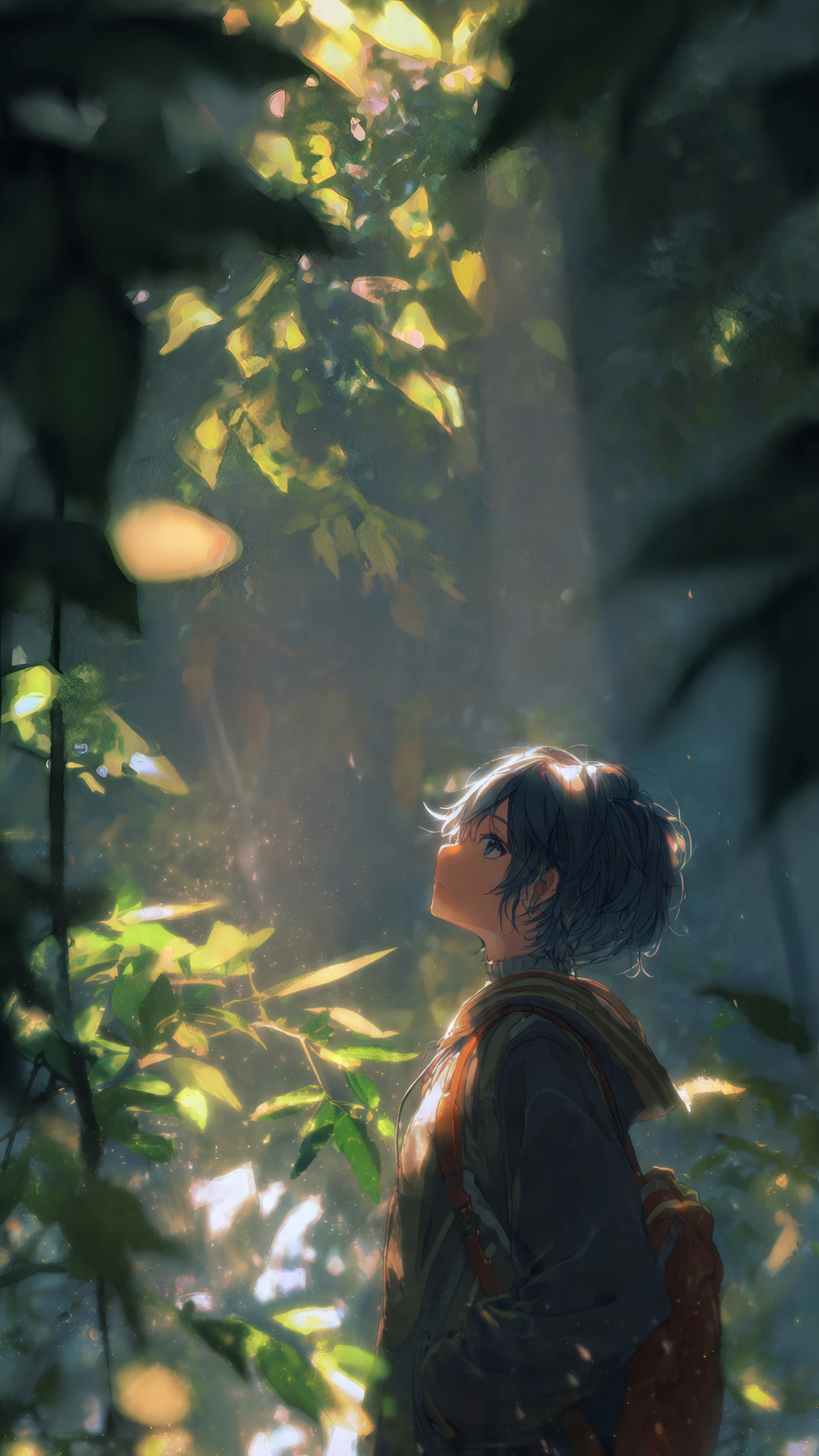 Anime Girl Gazing Upwards in Sunlit Forest Scene