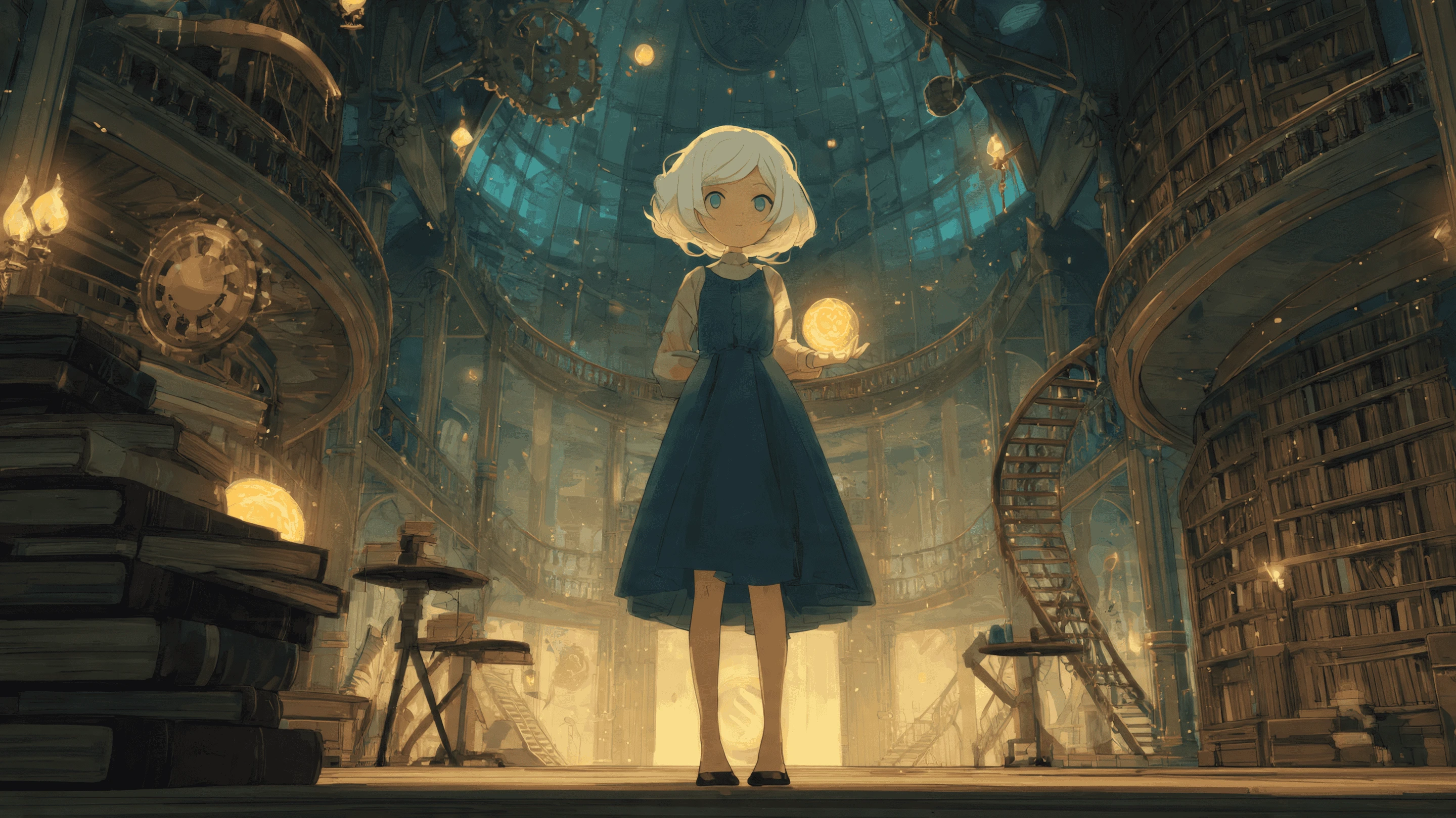 Anime Girl Holding Orb in a Magnificent Library