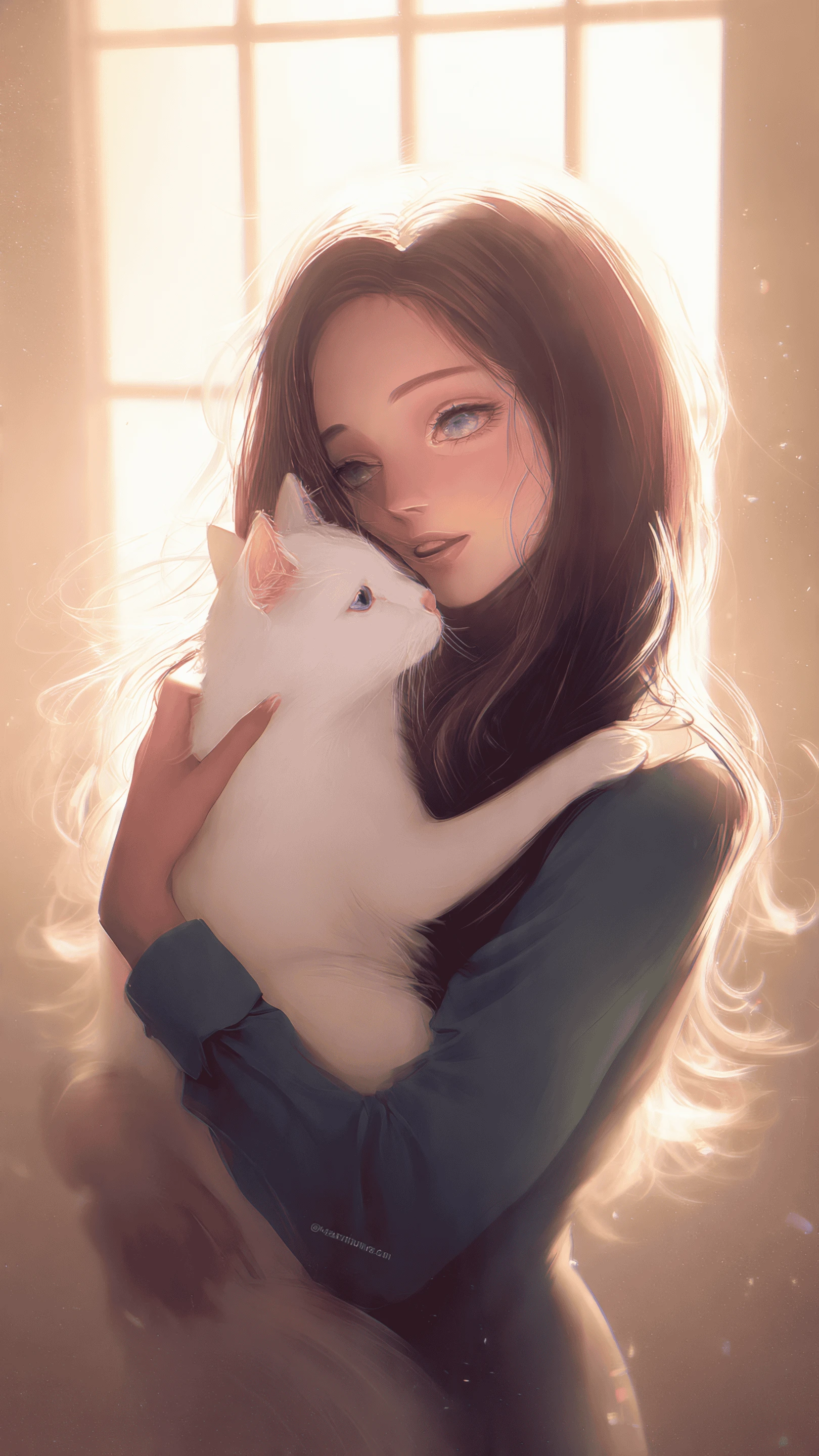Anime Girl Hugging a Fluffy White Cat Portrait