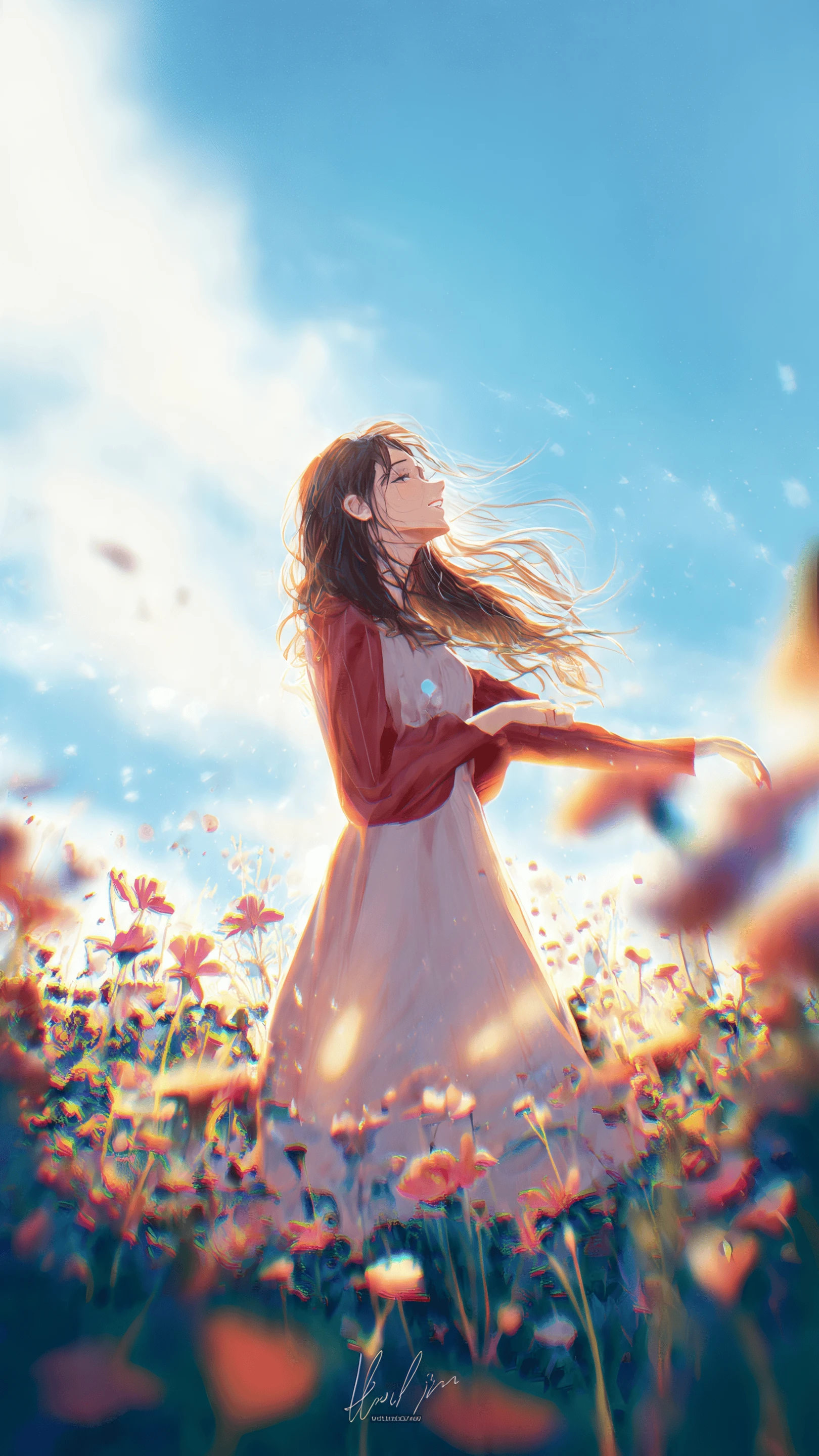 Anime Girl in a Field of Orange Flowers Under Blue Sky
