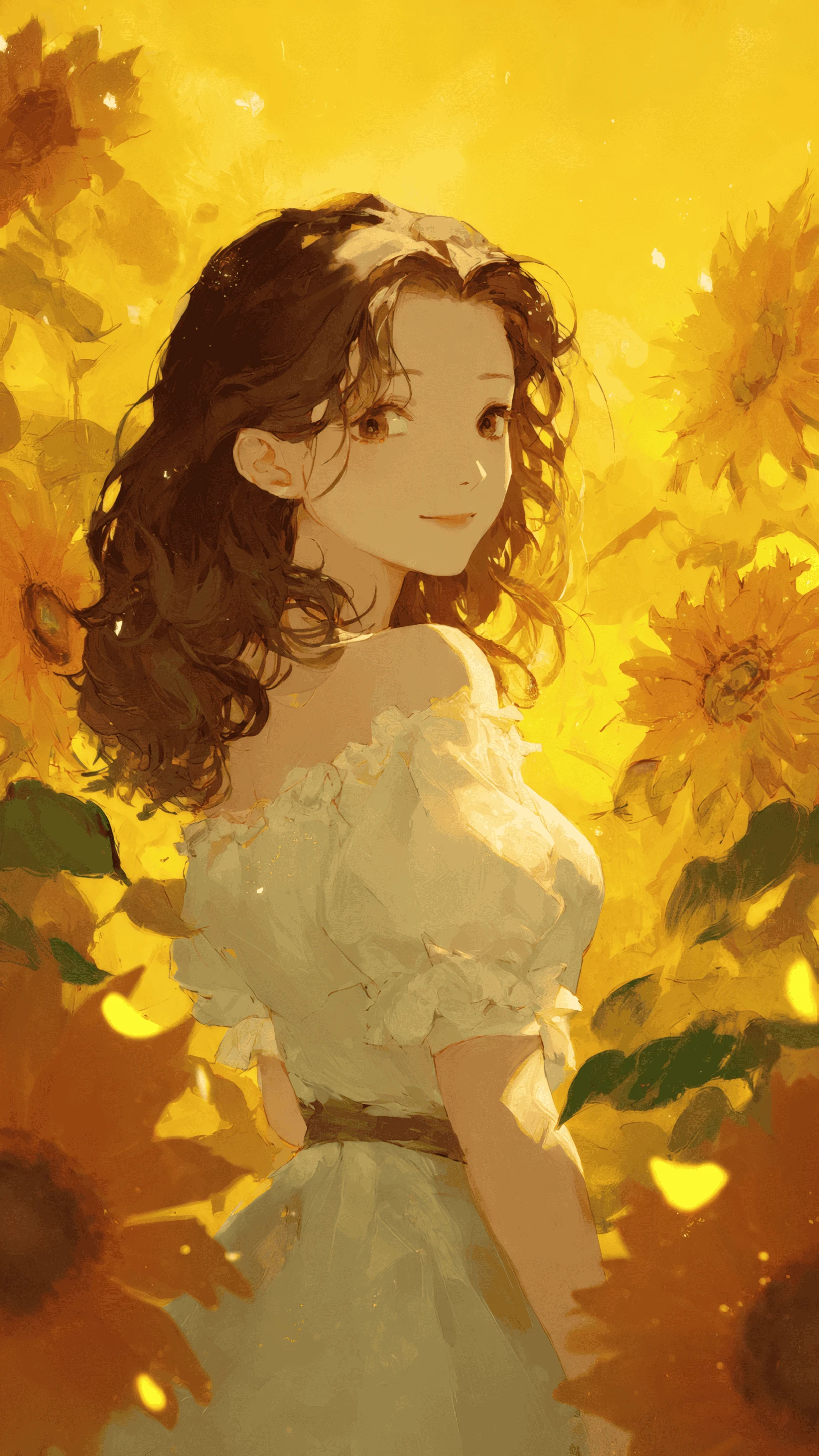 Anime Girl in a Sunflower Field with Golden Light