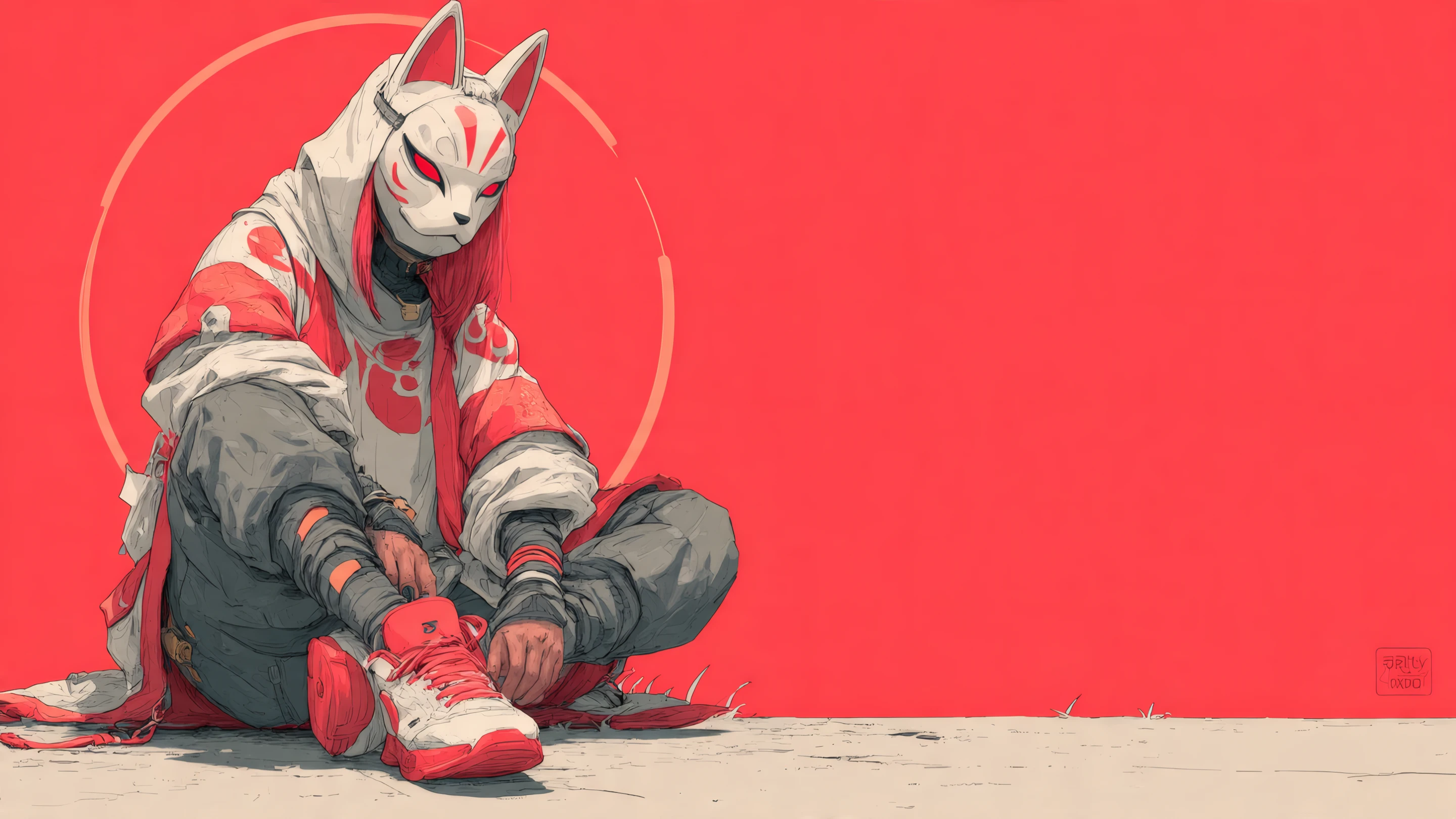 Anime Girl in Fox Mask with Red Accents Illustration