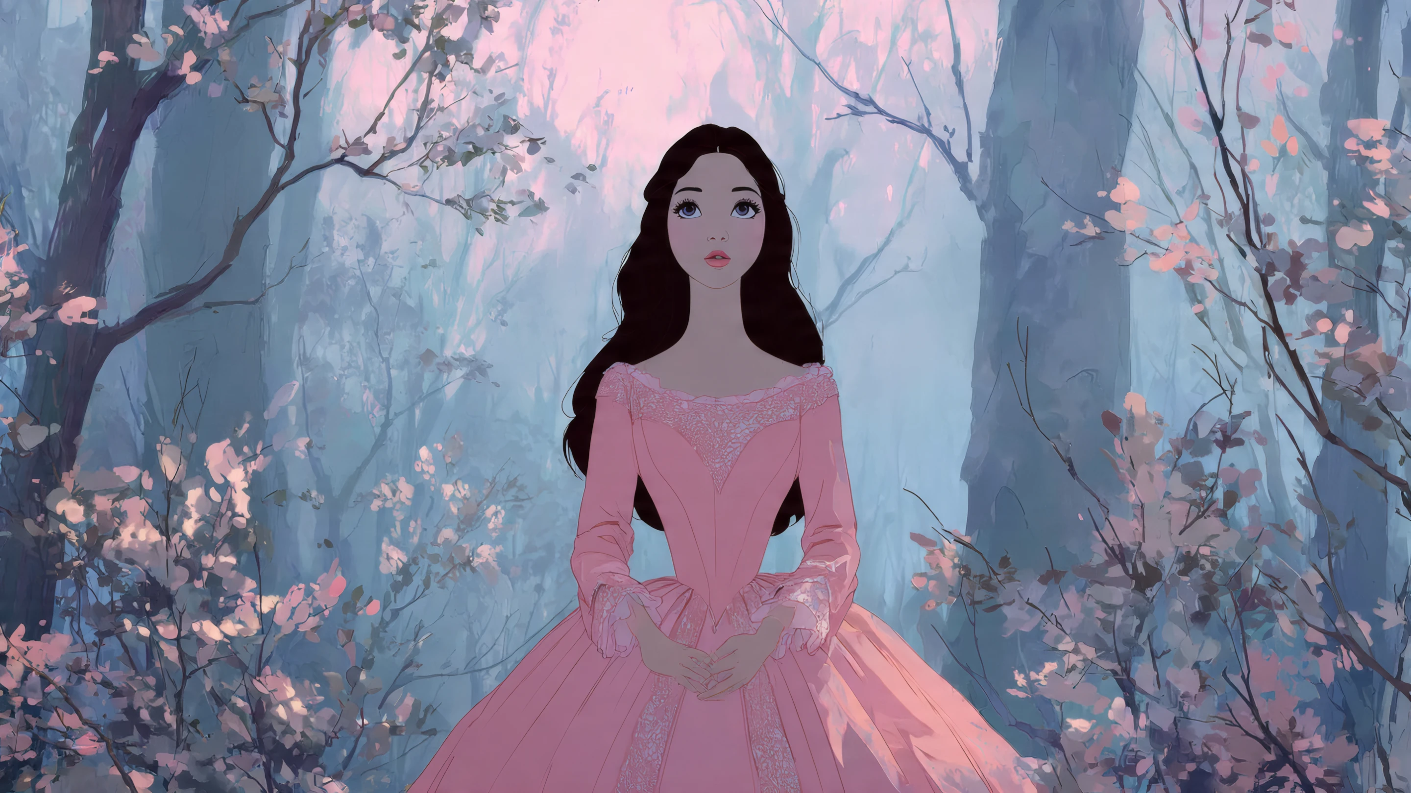 Anime Girl in Pink Gown in Misty Forest Scene