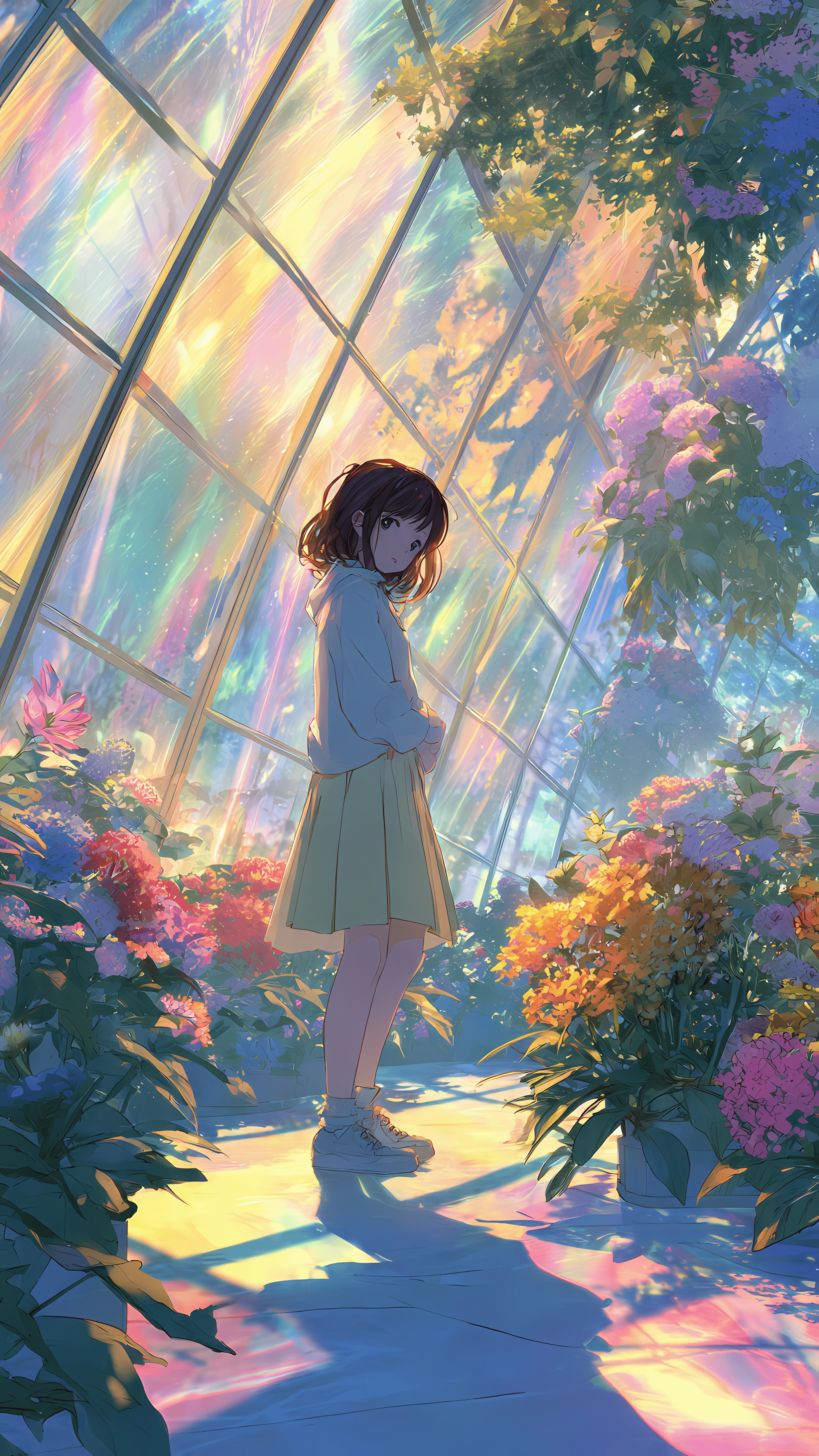 Anime Girl in Rainbow Lit Greenhouse