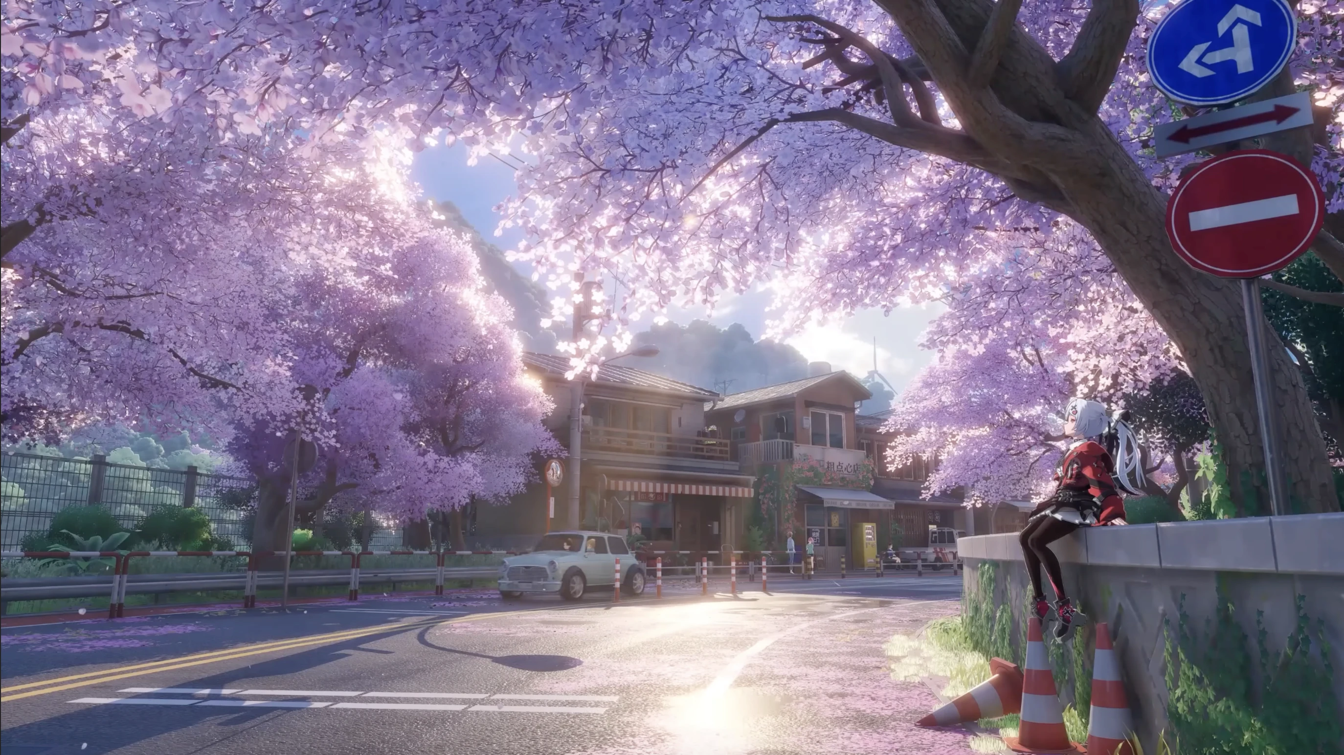 Anime Girl in Red Sitting Under Cherry Blossoms