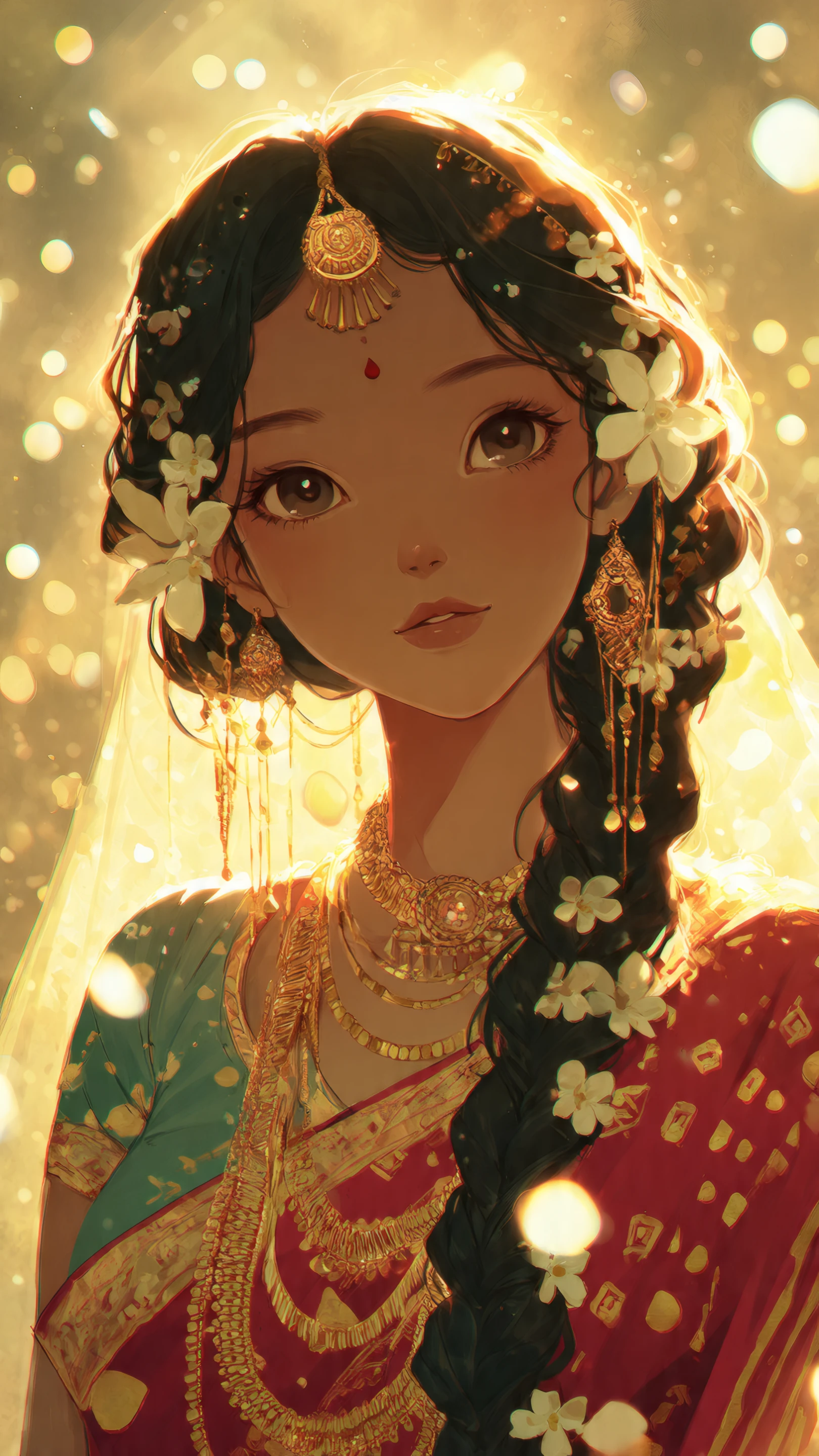 Anime Girl in Sari with Golden Jewelry and Flowers