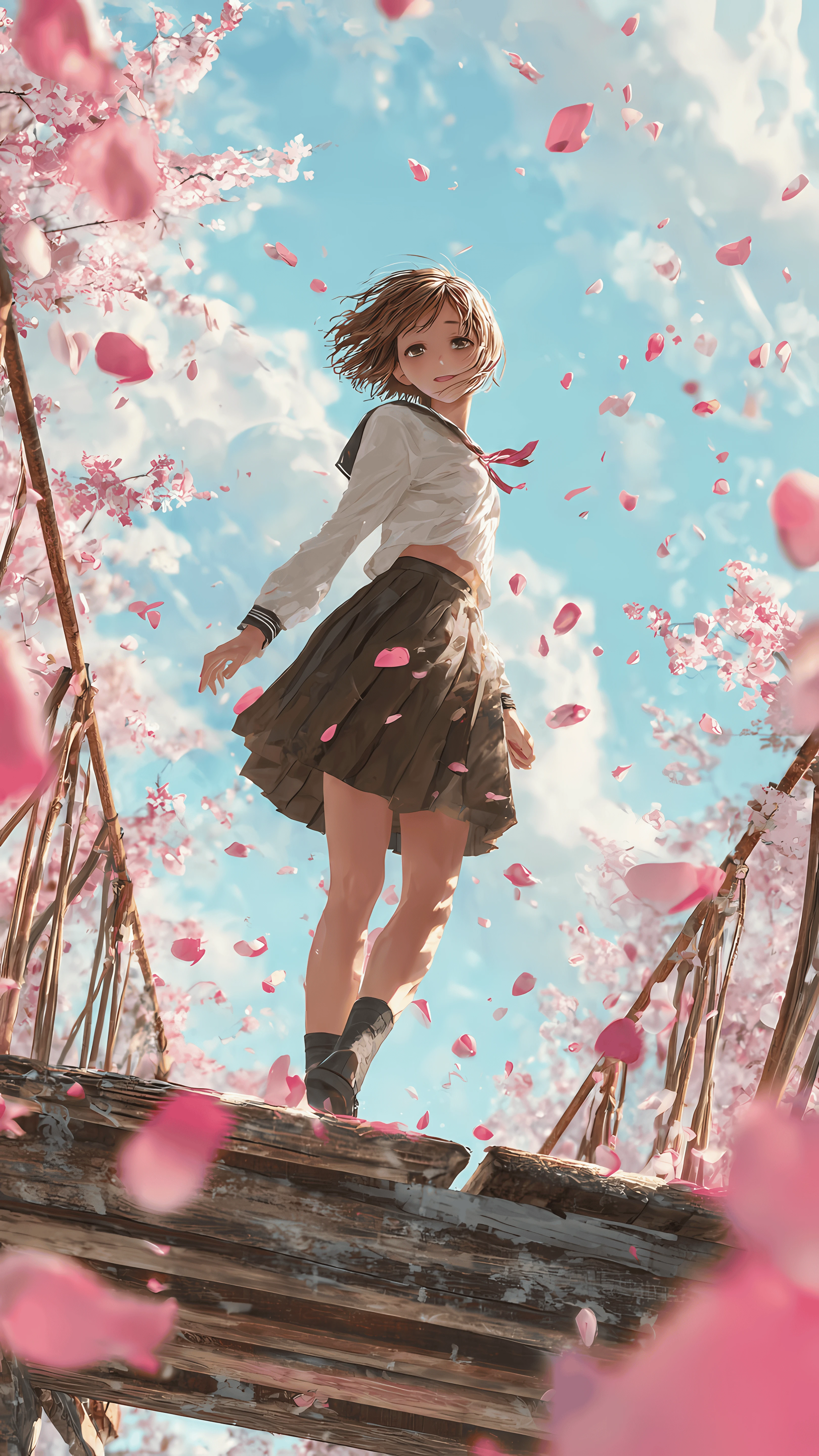 Anime Girl on Wooden Bridge Amidst Falling Cherry Blossoms