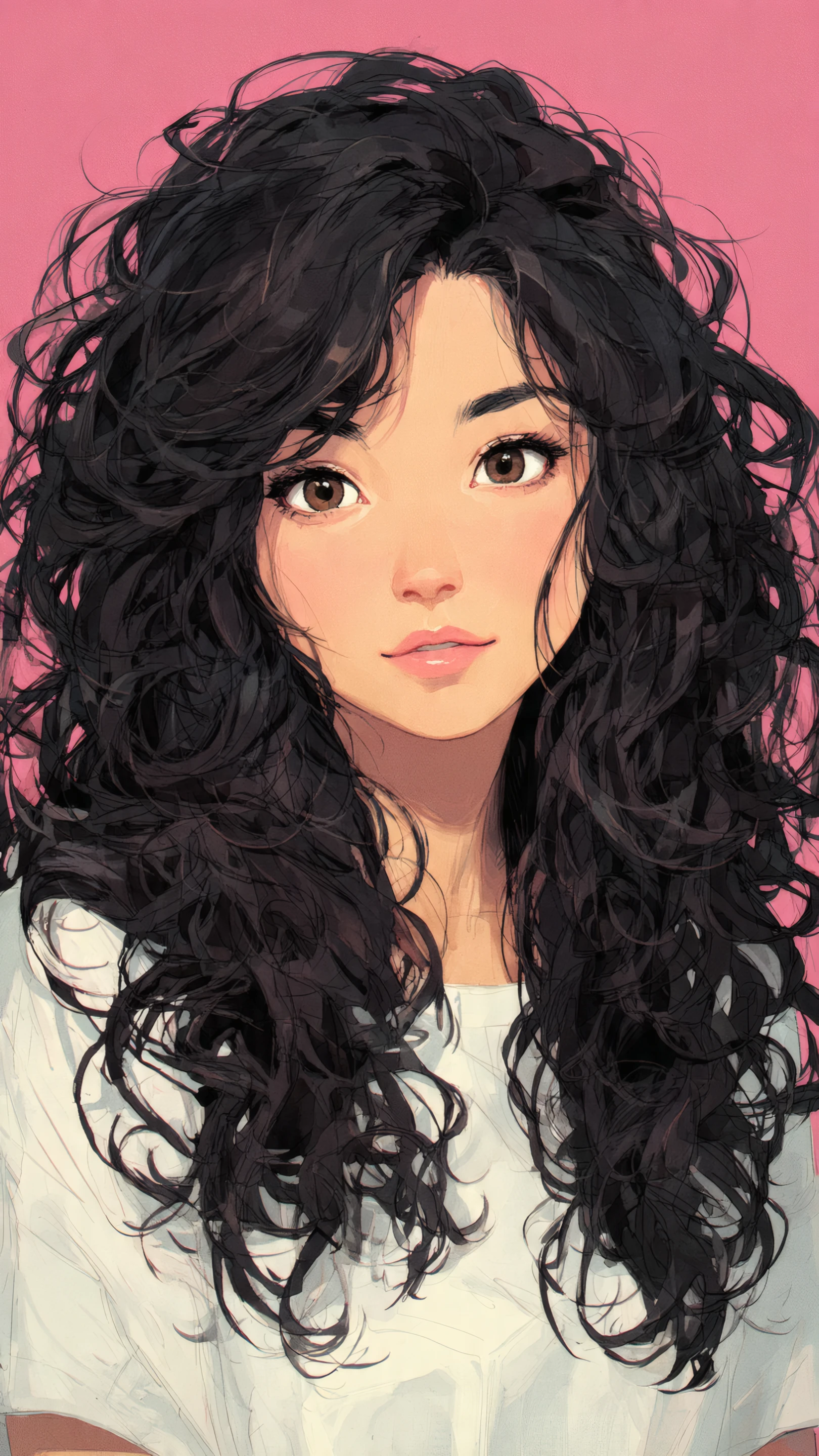 Anime Girl Portrait with Long Black Curly Hair
