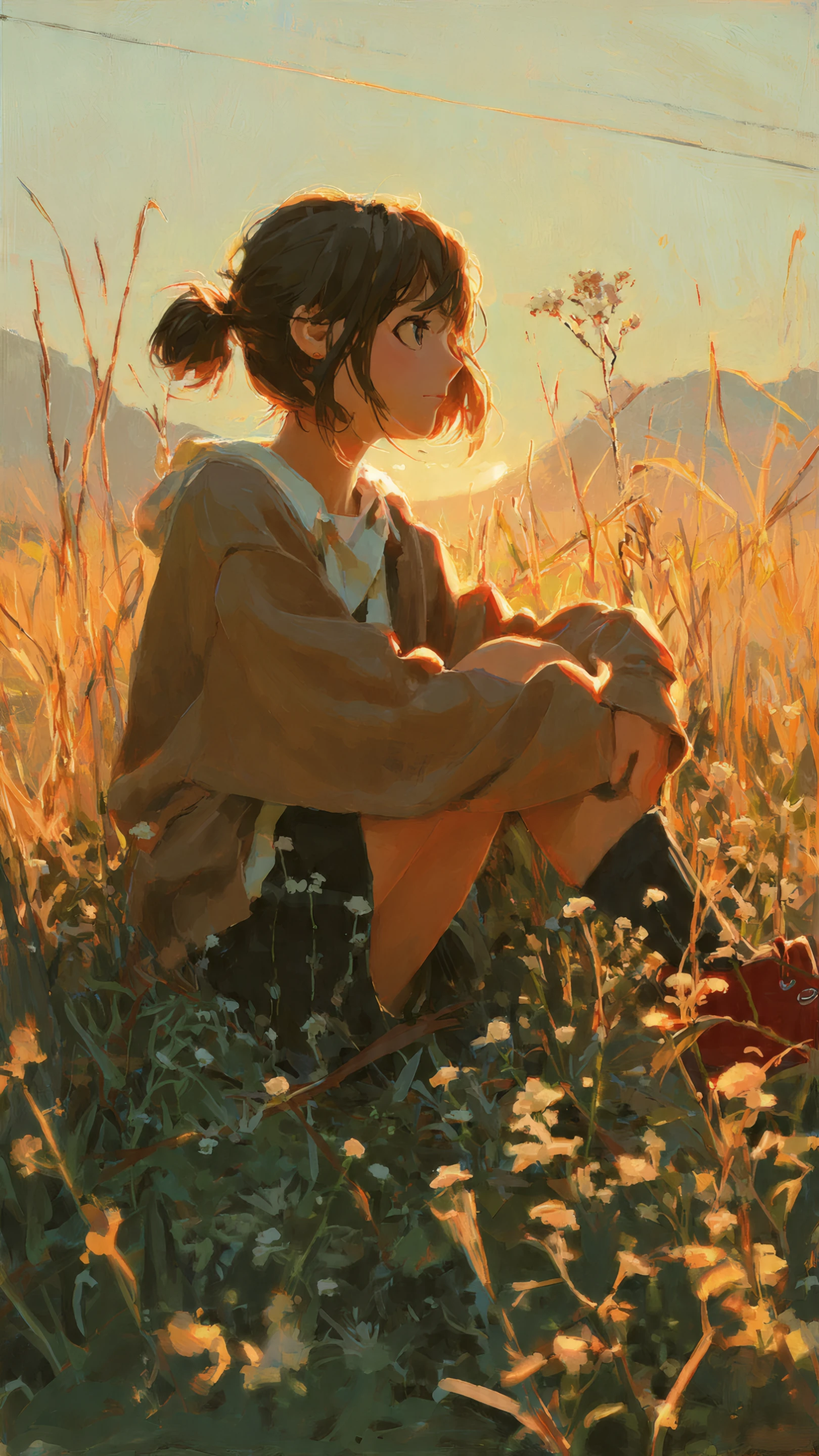 Anime Girl Relaxing in Field with Golden Sunlight