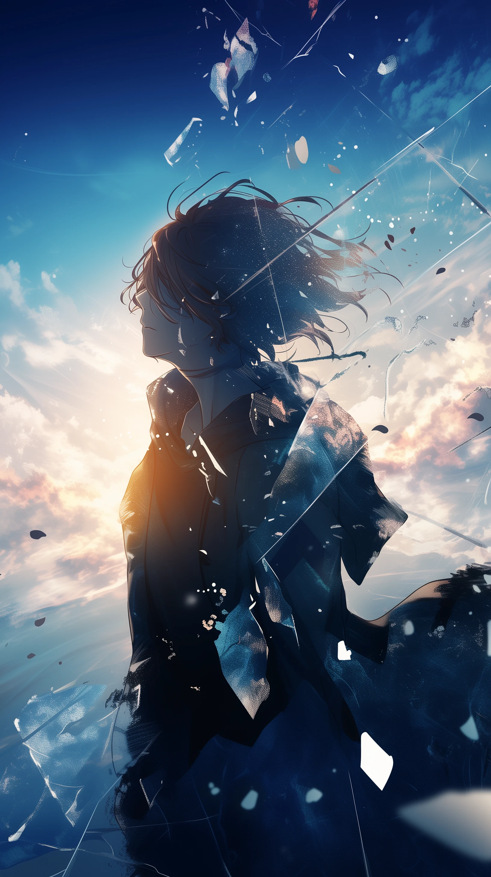 Anime Girl Silhouette with Shattered Glass Effect