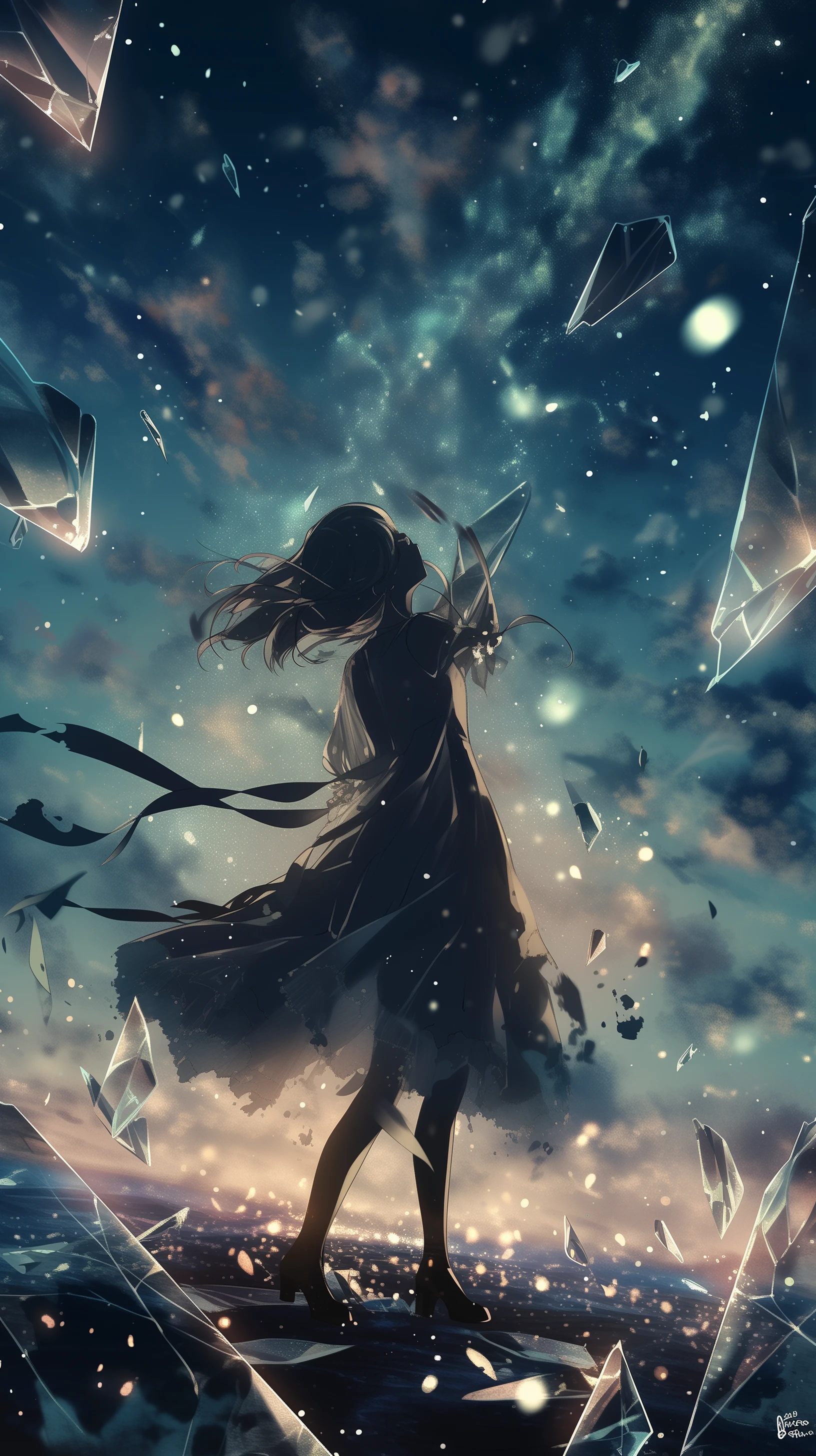 Anime Girl Silhouette with Shattered Glass Sky