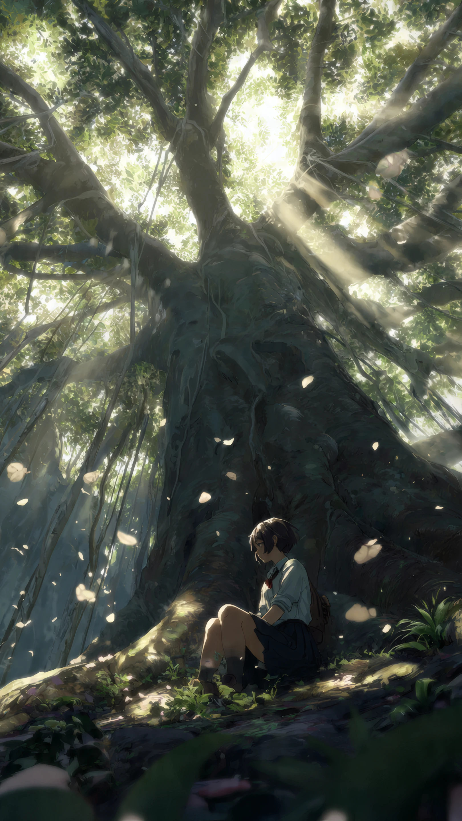 Anime Girl Sitting Beneath a Sunlight Dappled Tree
