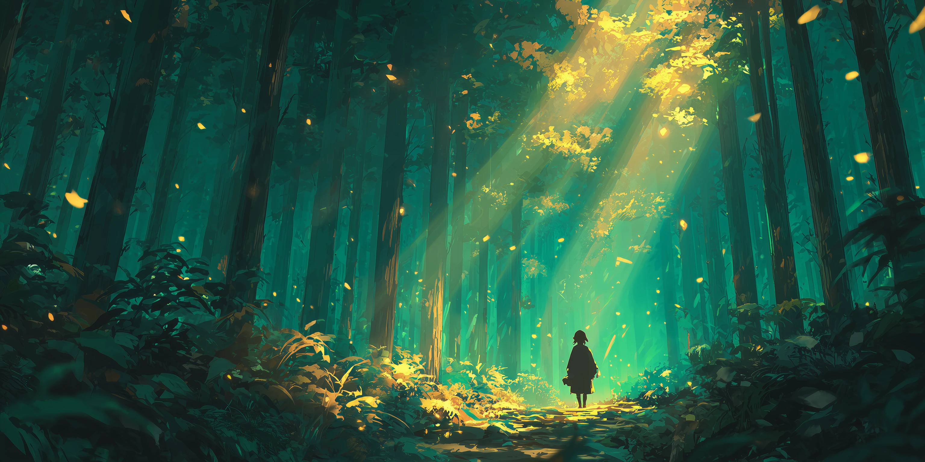 Anime Girl Standing in a Forest with Magical Light