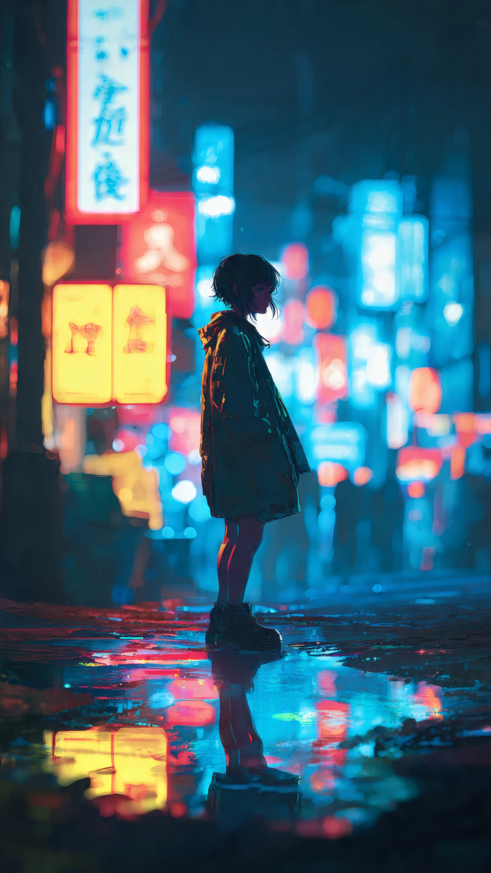 Anime Girl Standing in Neon Lit Rainy City Street