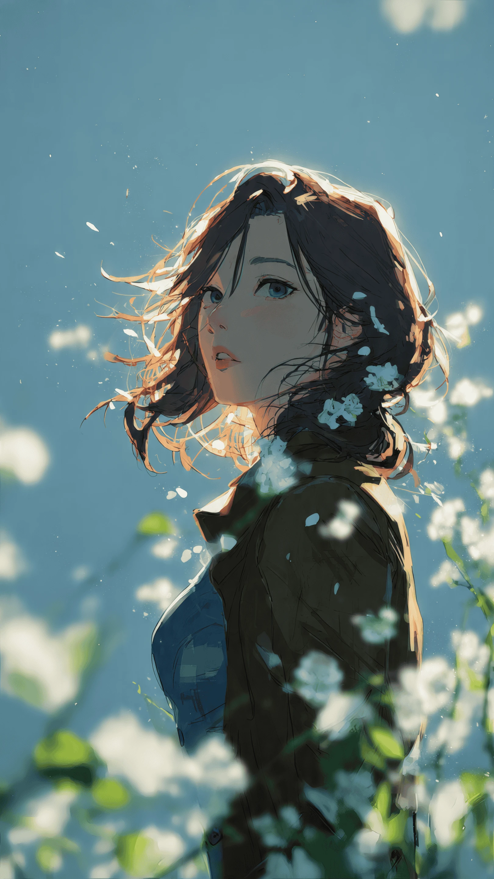 Anime Girl Surrounded by Flowers in Dreamy Illustration