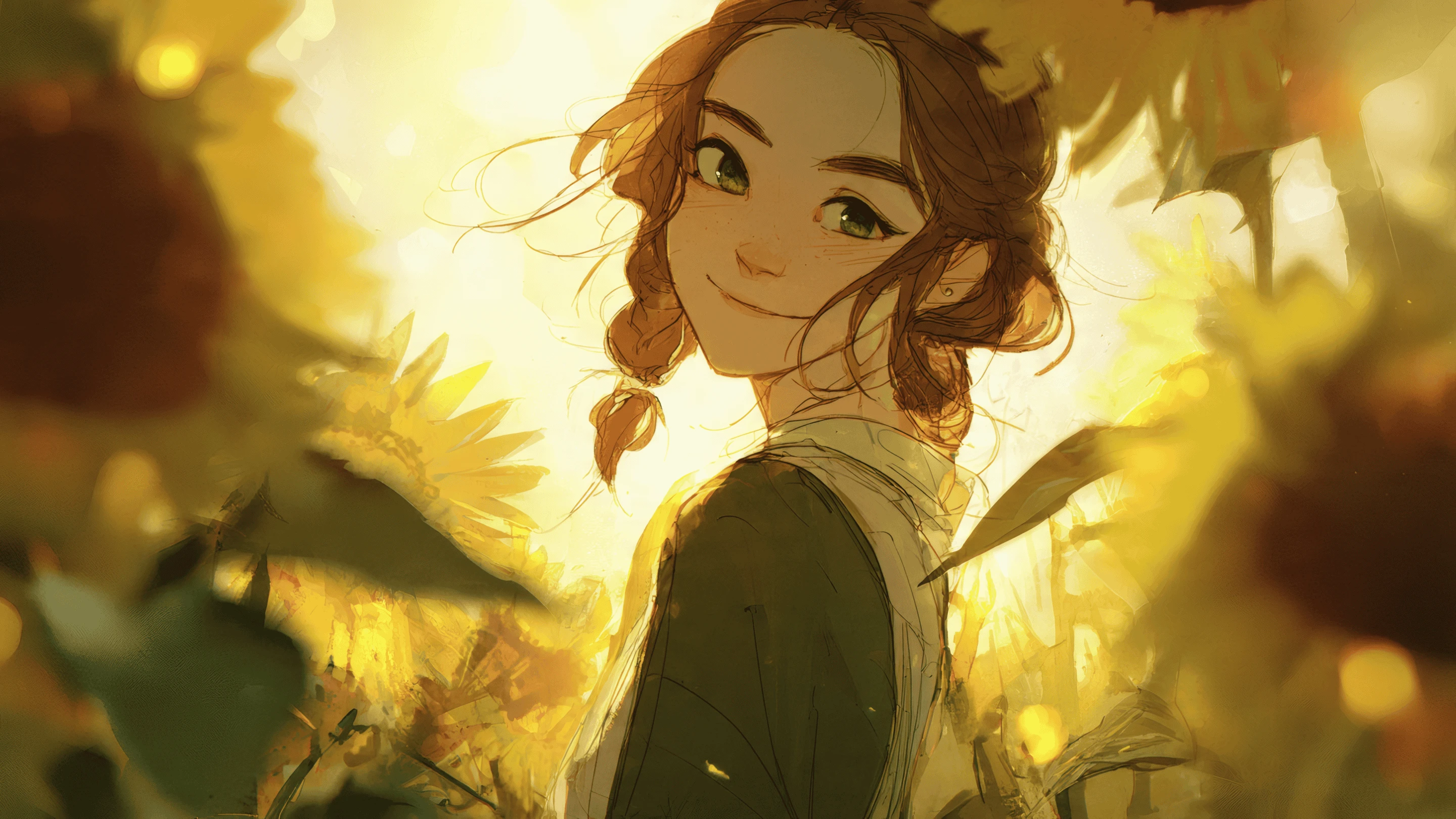 Anime Girl Surrounded by Sunflowers in Golden Light