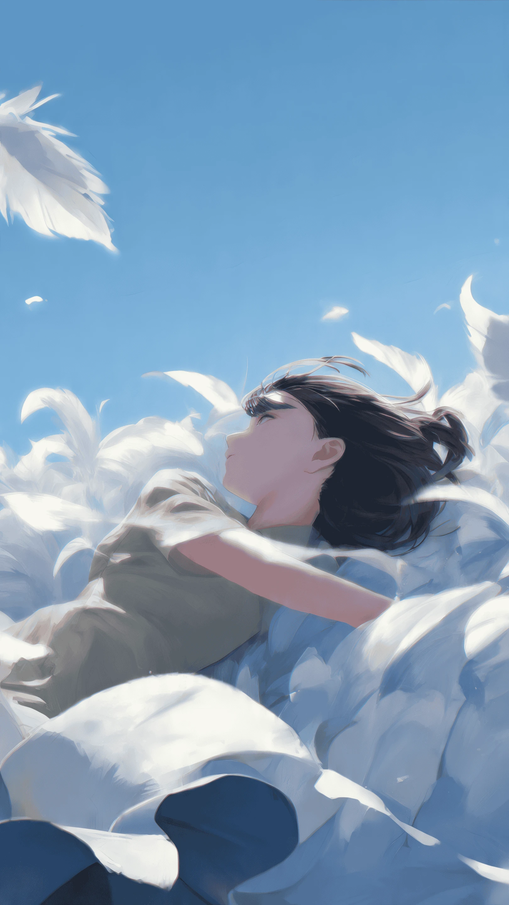 Anime Girl Surrounded by White Flowers Under Blue Sky