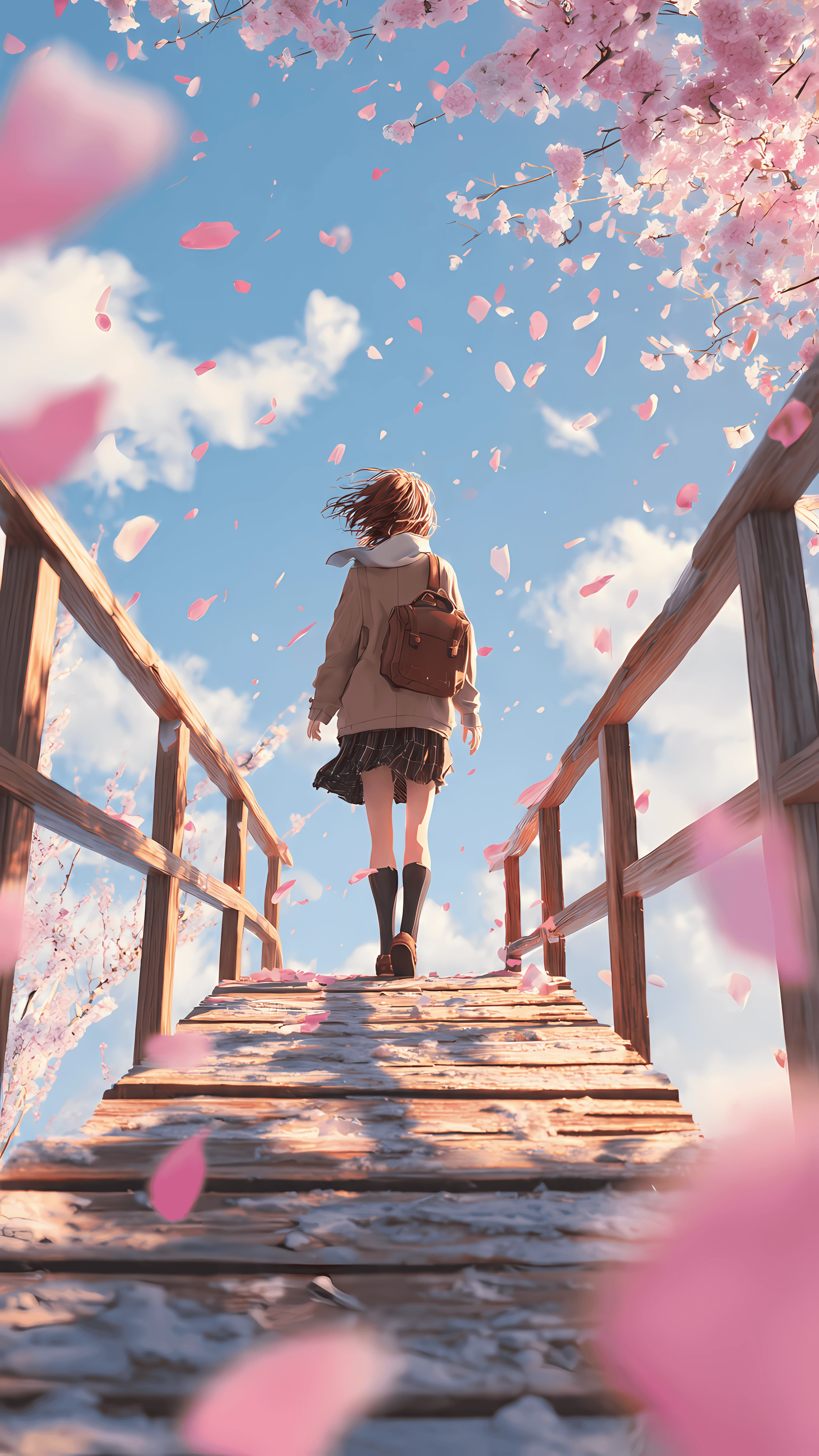 Anime Girl Walking Under Cherry Blossoms on Bridge