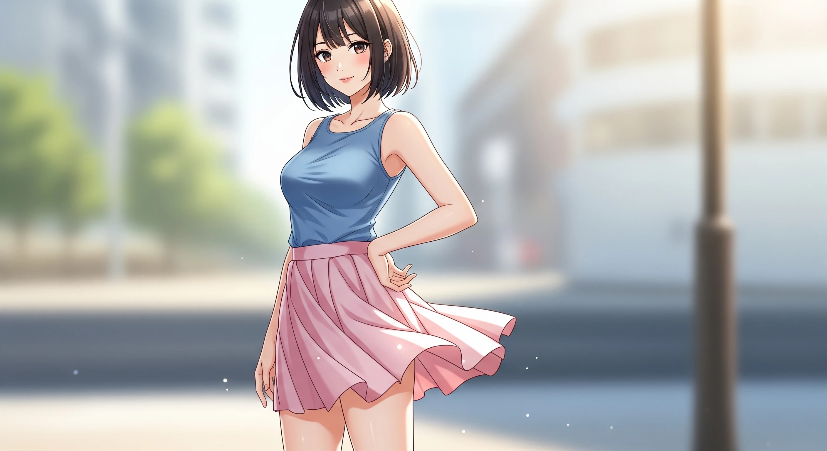 Anime Girl with Bob Cut in City Street Scene