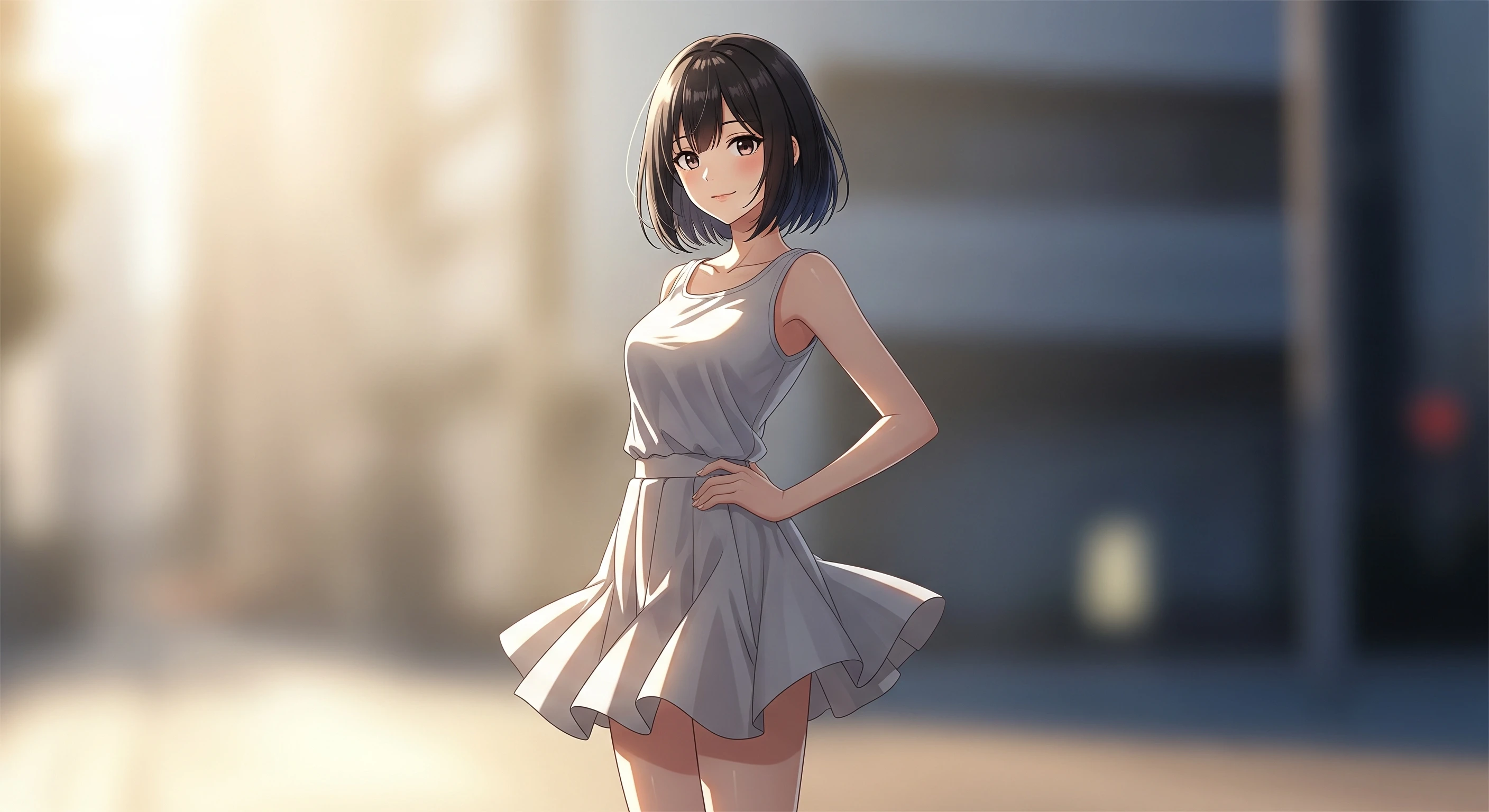 Anime Girl with Bob Cut in White Dress in Sunlight